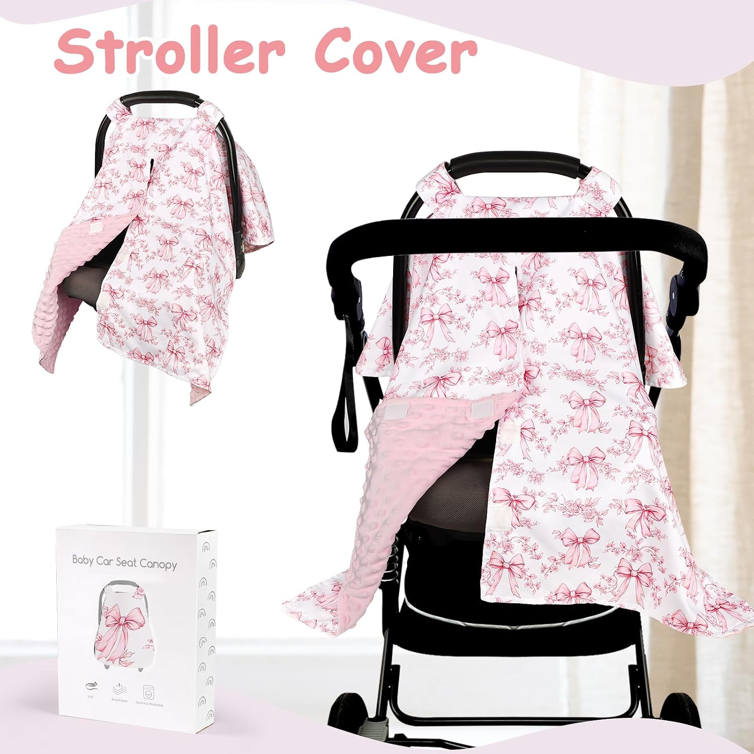 Baby Car Seat Cover, Soft Minky Warm Winter Car Seat Canopy for Infants & Toddlers, Opening with Adjustable Strap, Breathable Nursing Cover & Stroller Blanket, Bow Flowers (Fits Most Car Seats)