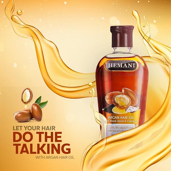 Hemani Argan Oil 200ml Zayt Arghan, Shemen Argan - Natural Hair Care Oil with Black Seed & Coconut Oil - Promotes Shine, Strength & Hair Growth - Moisturizes & Nourishes for Healthy Hair and Scalp