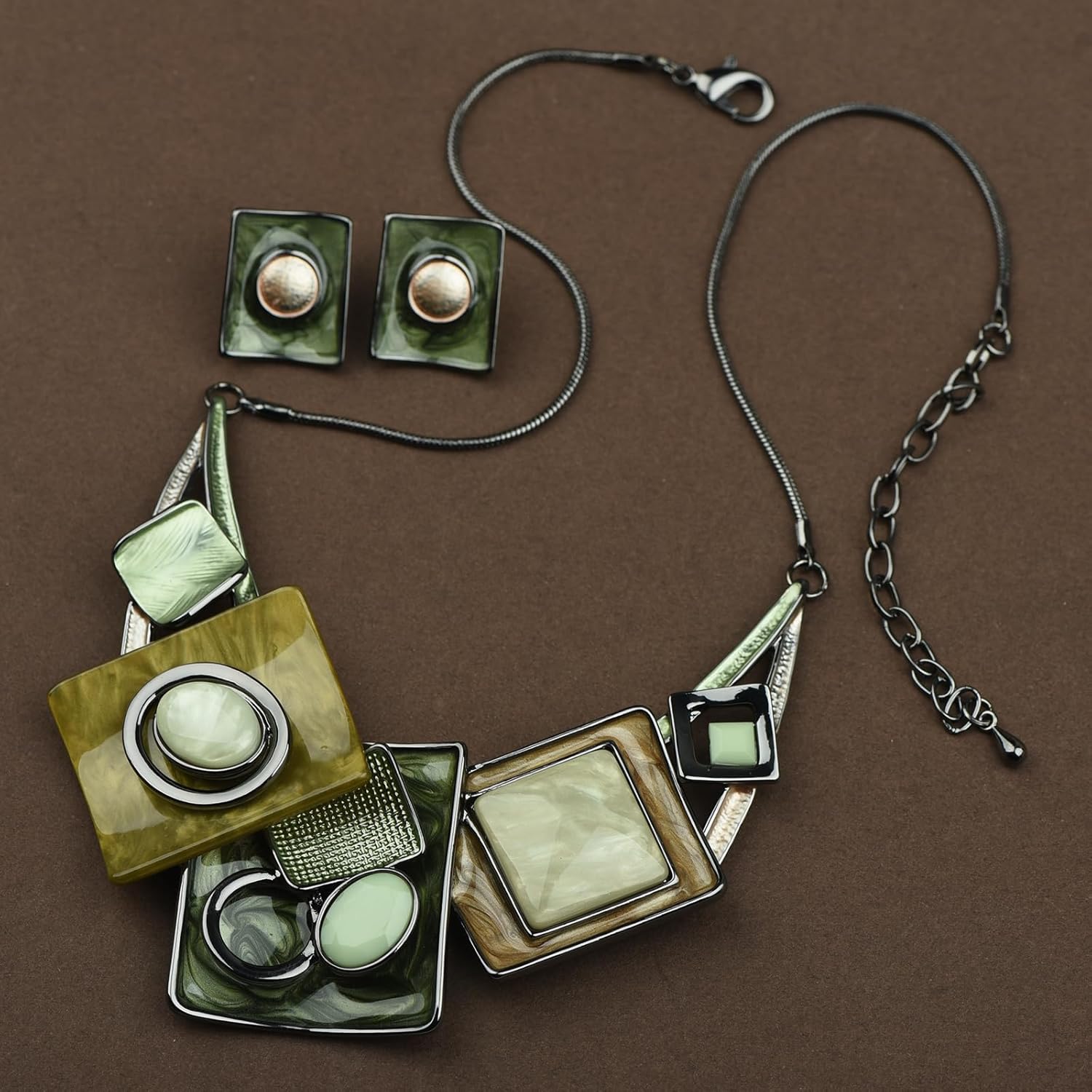 Women's Geometric Alloy Enamel Triangle Square Rhombus Statement Necklace Earrings Jewelry Set for Women Bride