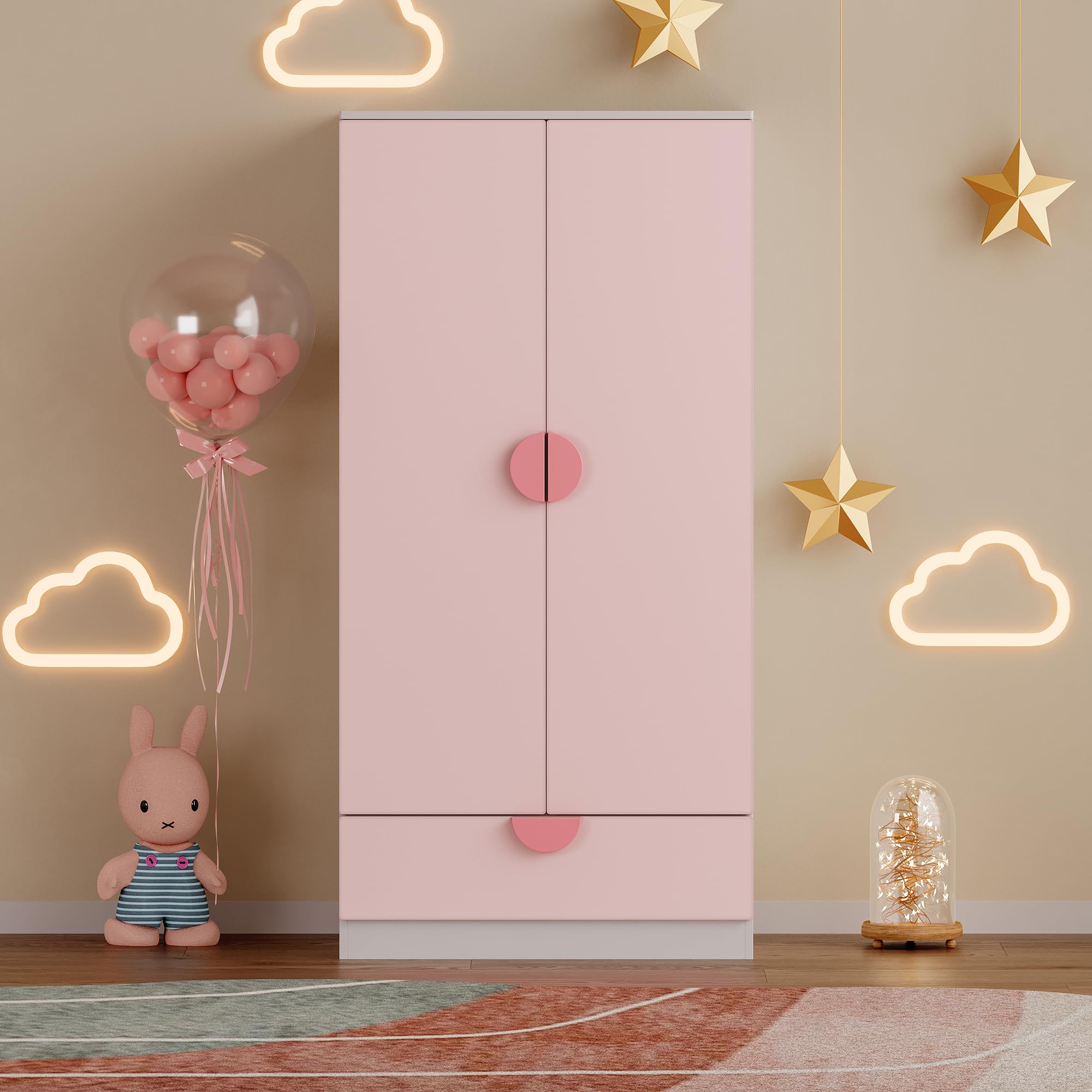 Armario Ropero Infantil Sandnes 2 Puertas con Cajón y Barra 123x60x40 cm Blanco/Rosa