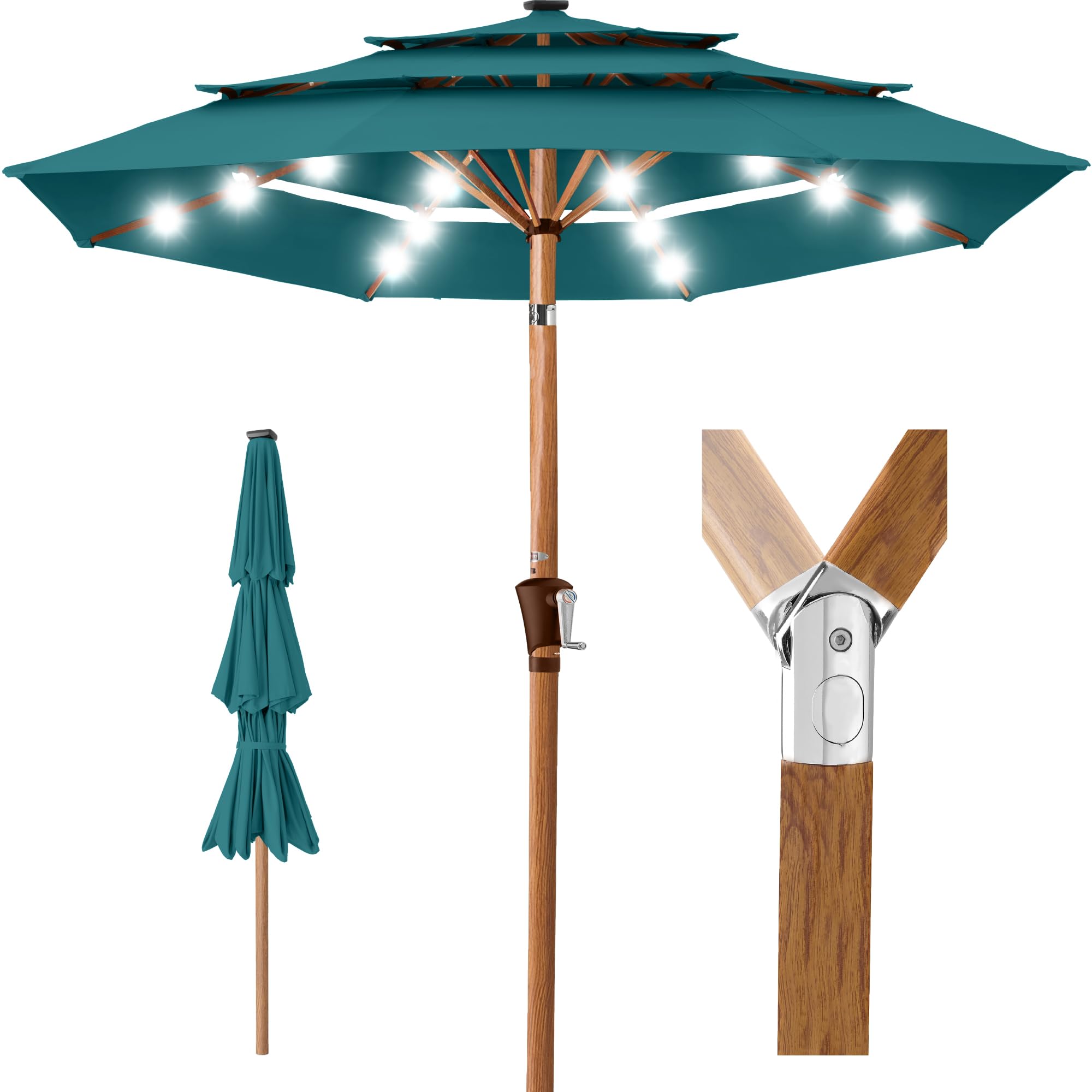 Best Choice Products 10ft 3-Tier Patio Umbrella, Outdoor Market Sun Shade for Backyard, Deck, Poolside w/ 24 LED Lights, Tilt Adjustment, Easy Crank, 8 Ribs