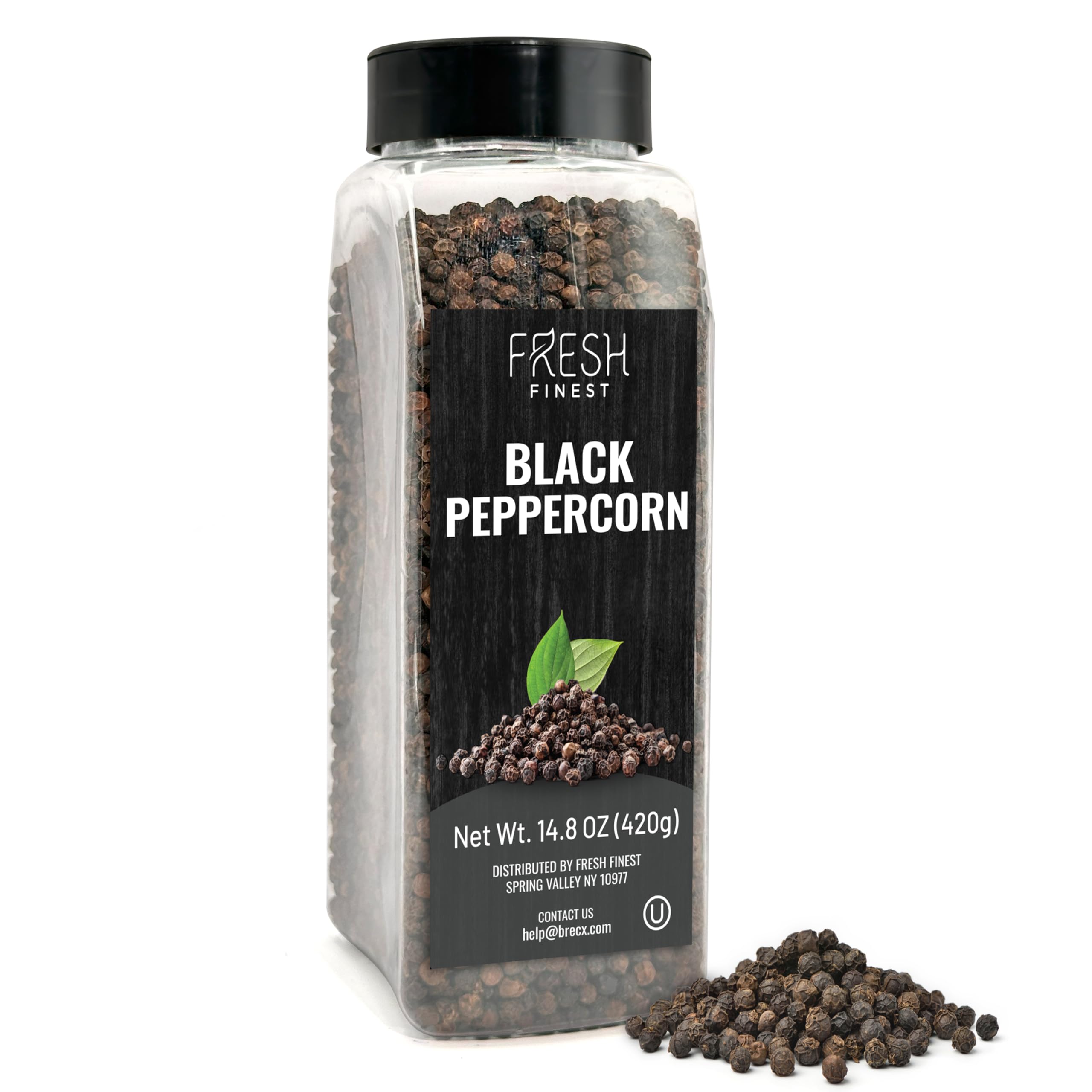Fresh Finest Black Peppercorns 14.8oz - Premium Quality Whole Black Pepper - All-Natural, Non-GMO, Gluten-Free, Kosher - Perfect for Grinders, Cooking, and Seasoning