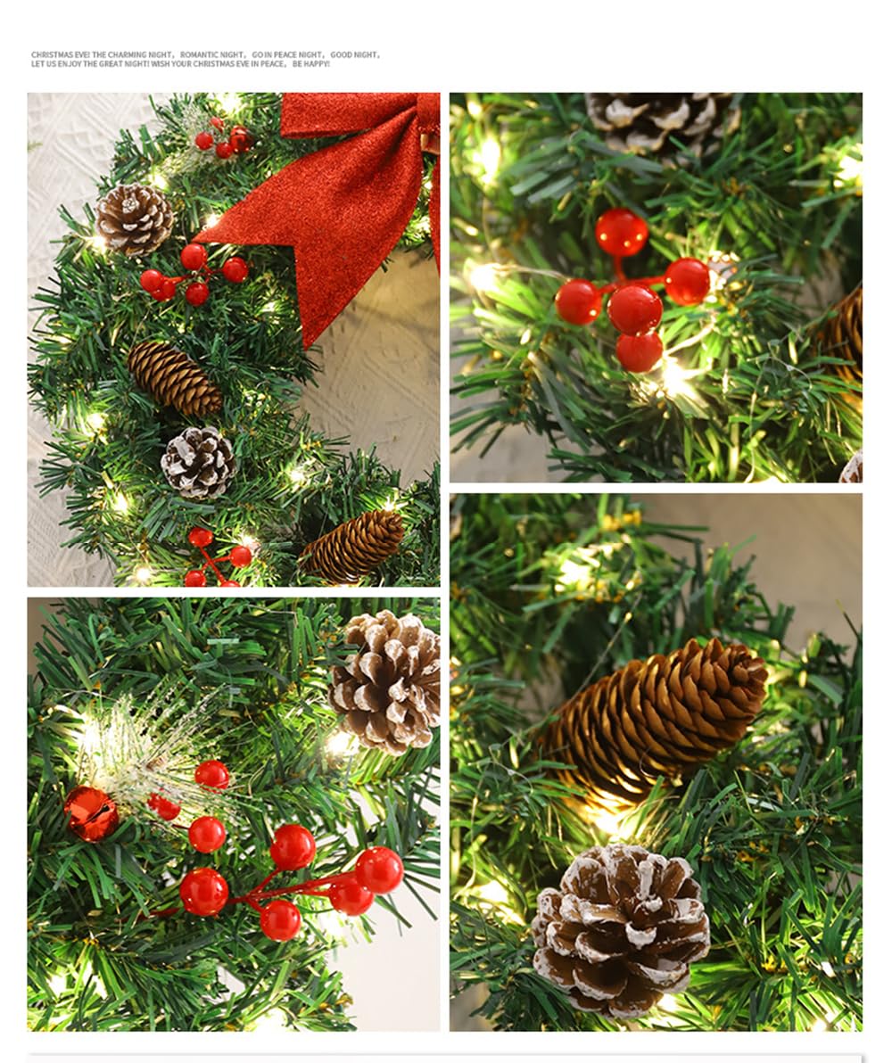 Couronne de Noël à Piles, couronnes de Noël pour Porte d'entrée, Couronne de Noël extérieure, couronnes de Noël avec lumières, alimentées par Batterie et réutilisables. (40cm)