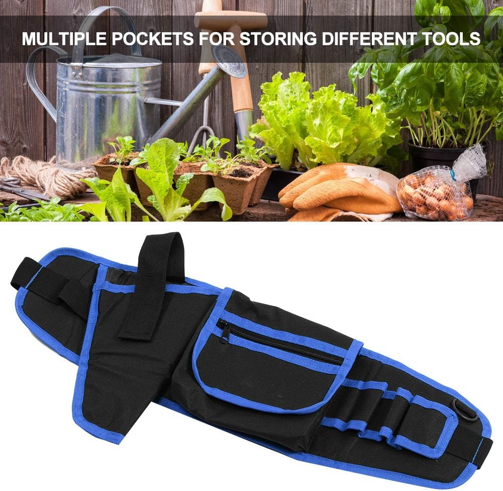 Tool Pouch Belt, Garden Tool Belt Bag, 56x16cm Multifunctional Garden Tool Waist Bag, Electrician Tools Organizer with Multiple Pockets(Black + Blue)