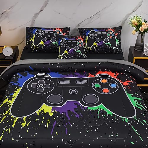 Miniatura 3 de Keyroal Juego de edredón de 6 piezas con sábanas para niños, niñas, niños y adolescentes, ropa de cama con temática de juegos de grafiti colorido en