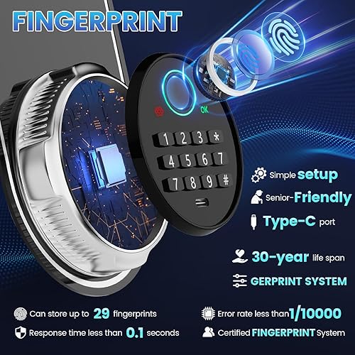 Miniatura 2 de Caja fuerte biométrica ignífuga grande de 23.62 pulgadas de alto para uso doméstico, caja de seguridad de huellas dactilares de acceso rápido con