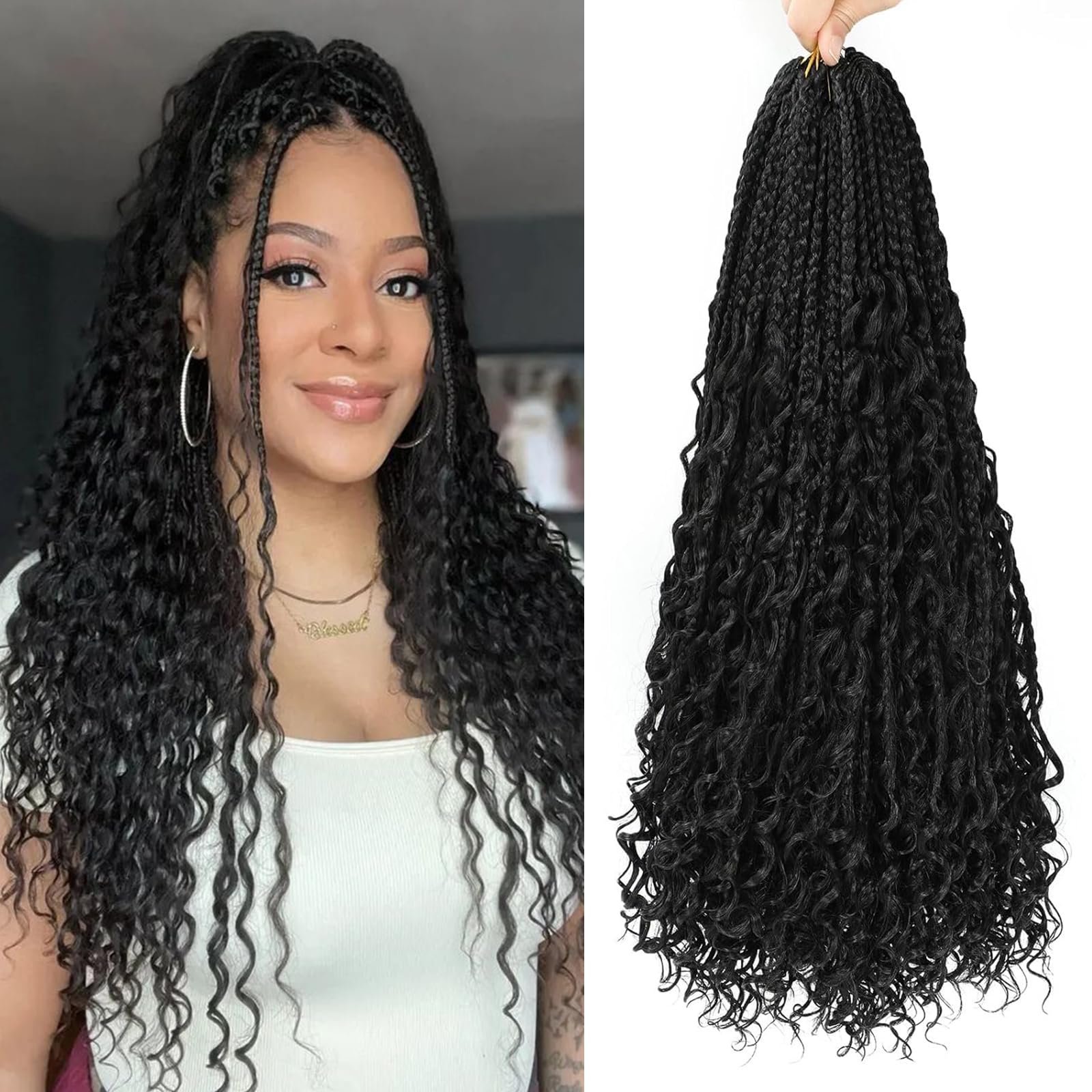 Goddess Box Braids Crochet Hair 24 Inch 8 Packs Boho Box Braids Pre Looped Crochet Hair For Black Women, With Curly Ends, Nice looking, Very Soft and Light Weight (24 Inch, 1B)
