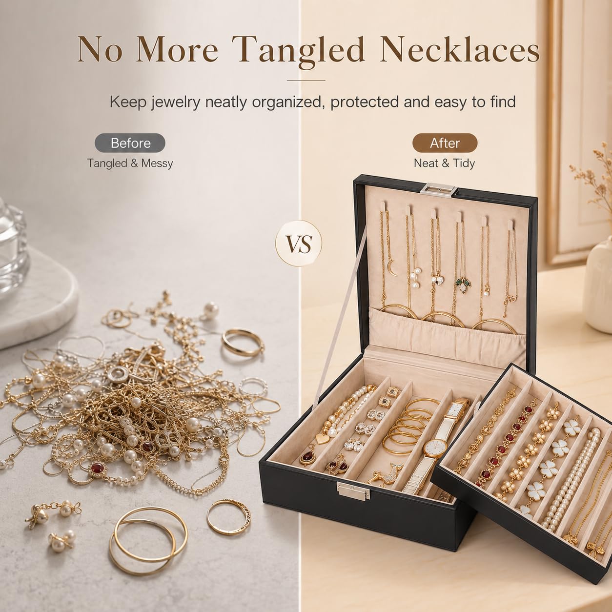 BEWISHOME Joyeros Mujer Organizador Caja Organizador de Collares para Cadenas, Pulseras - 12 Compartimentos (7 Regulares + 5 Grandes), 6 Ganchos, 2 Capas-Joyero Mujeres,Organizador Joyas Negro ESSH31B