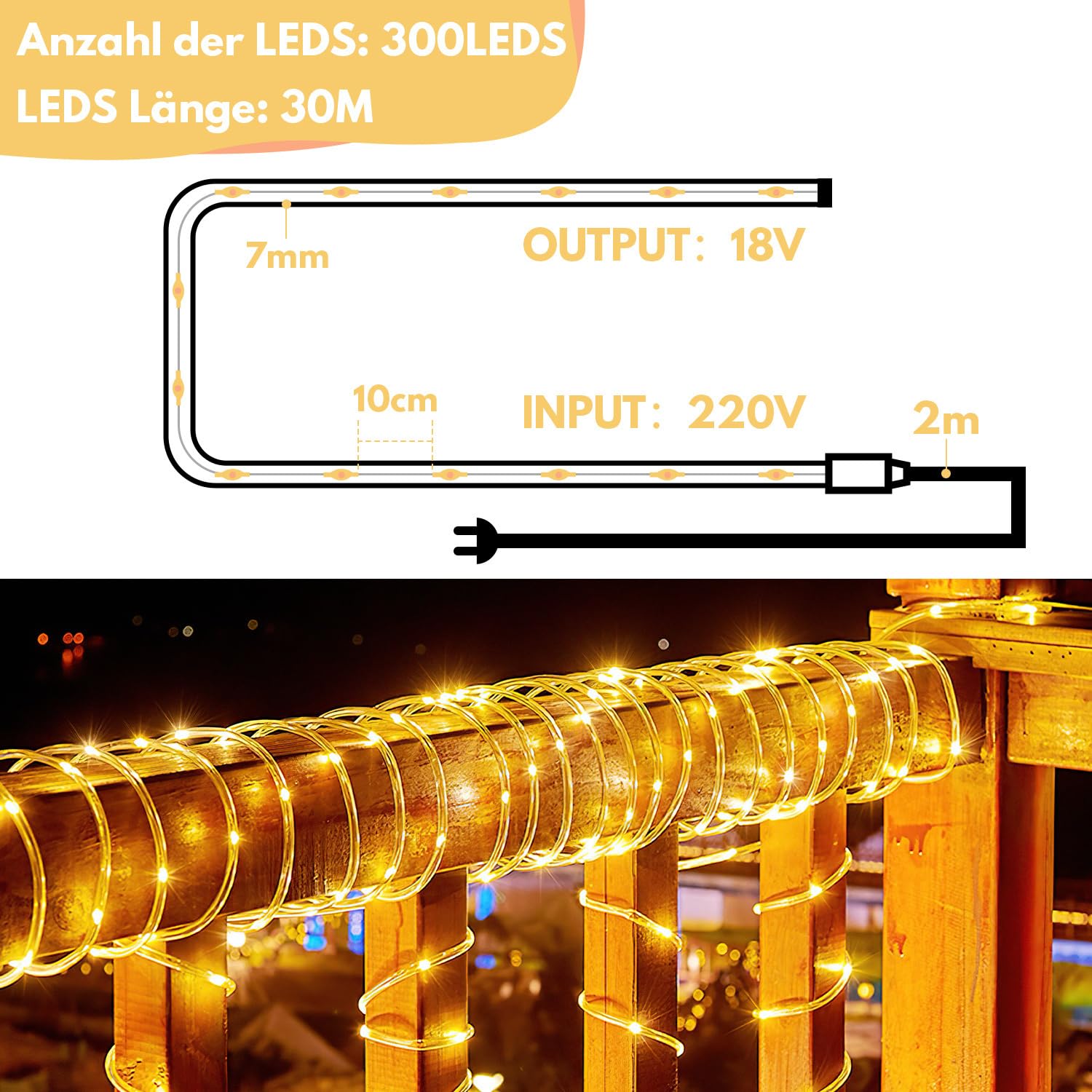 Lichterschlauch Aussen 30m, Warmweiß 300 LEDs Lichtschlauch mit Fernbedienung, IP65 Wasserdicht, 8 Modi dimmbar, Timer und Memory-Funktion für Außen und Innen, Garten, Balkon, Hochzeit, Party