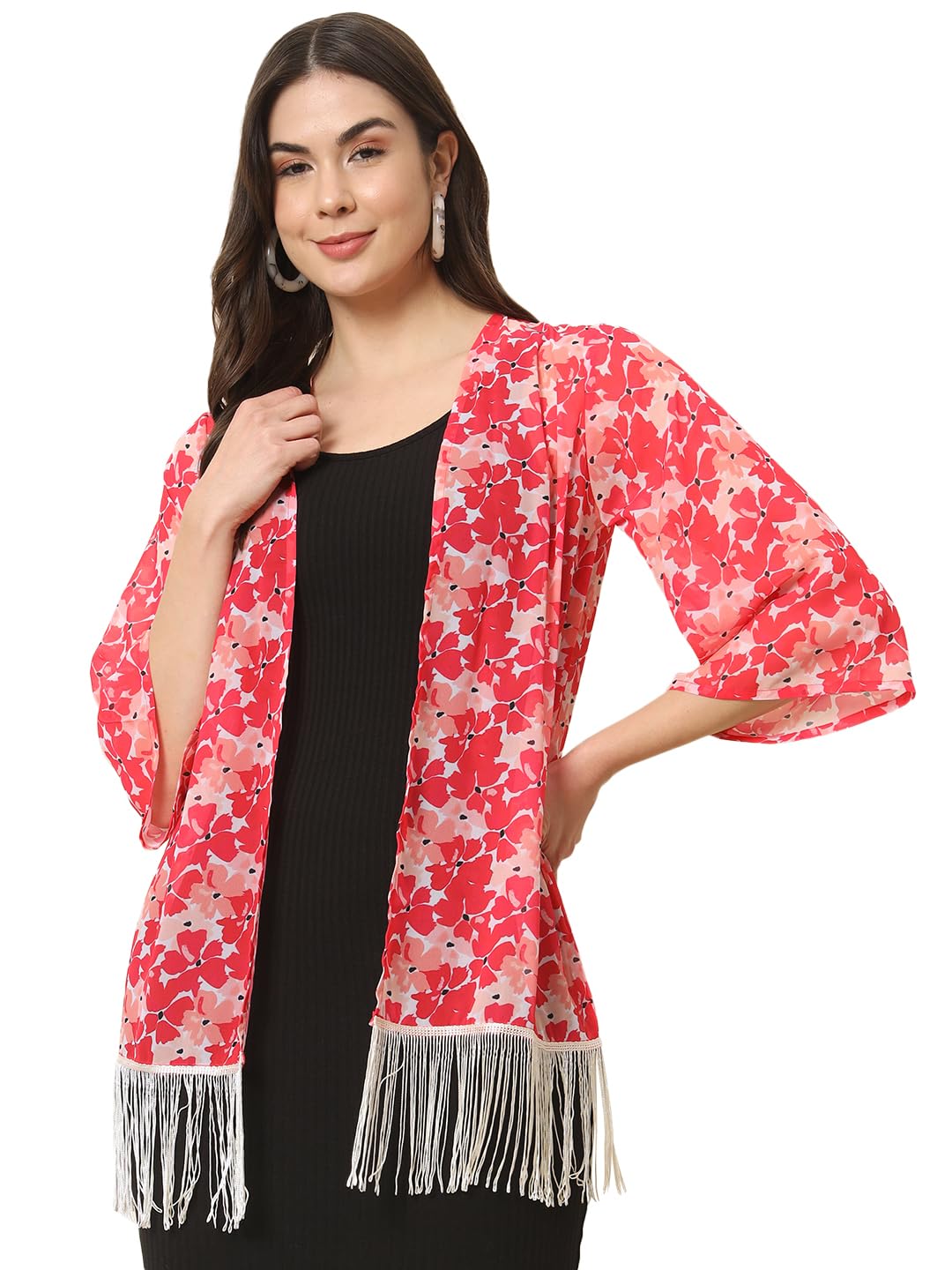 trend arrest.ed Women’s Chiffon Floral Long Shrug with Tassel Hem | Elbow Sleeves Lightweight Layer for Summer Outfits-picture-10