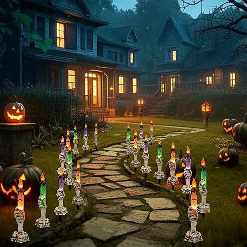Miniatura 6 de WATERGLIDE Juego de 5 estacas de luz para velas de Halloween, diseño de manos de esqueleto, resistentes al agua, funciona con pilas con
