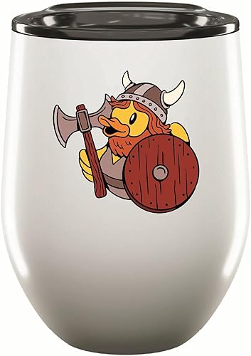 Viking Themed Rubber Duck Gift for Kids Fun Toy with Ax and Shield 12oz Wine Tumbler Cup