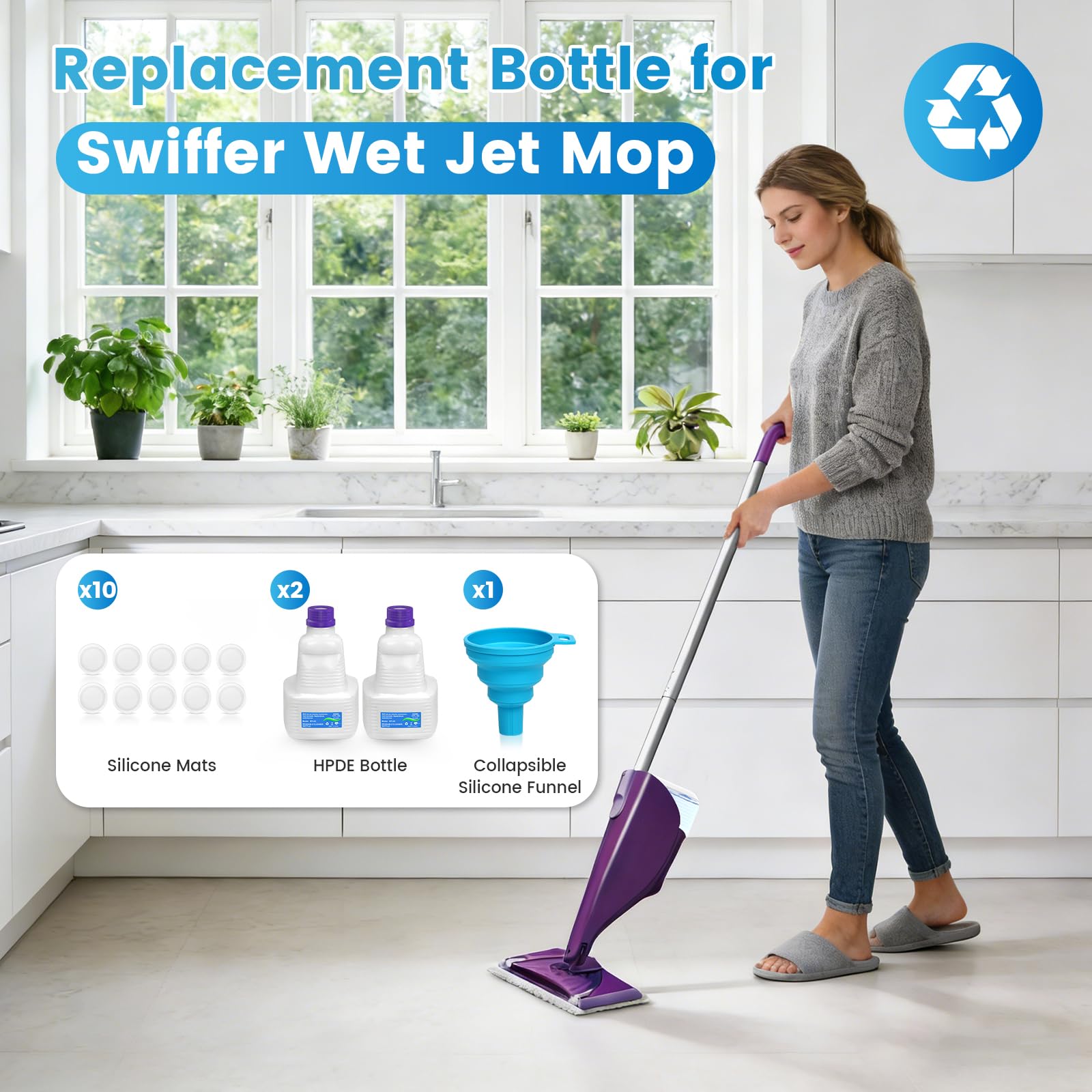 Butelka wielokrotnego napełniania do mopa Swiffer Wet Jet 500 ml / 17 FL OZ, szczelna, HDPE, pusta butelka do czyszczenia z 10 silikonowymi uszczelkami i 1 lejkiem, pielęgnacja drewna i bezpieczna dla