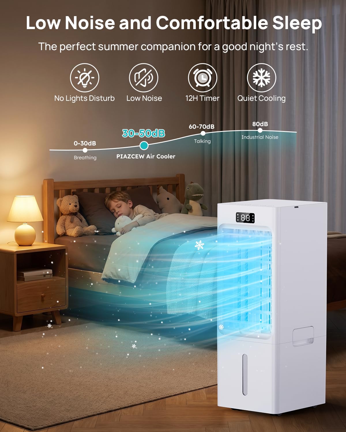 Aire Acondicionado Portatil 4 en 1, Enfriador de Aire con 4 Modos & 3 Velocidades, Temporizador 1-12H, Oscilación,Tanque de 6L, 4 Packs de Hielo, Control Remoto, Silencioso, para Oficina Hogar