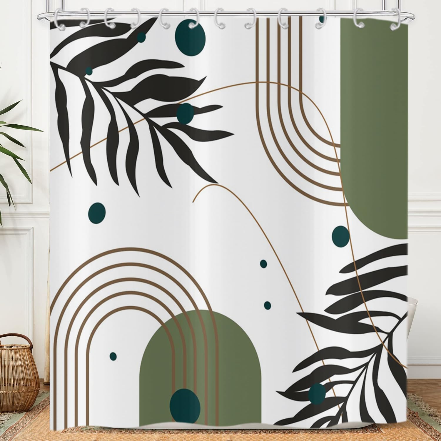 Hnmdmyi Boho Shower Curtain 240x180, Mid Century Abstract Leaves Green Modern Geometric Minimalist Aesthetic Art Bathroom Shower Curtains Waterproof Polyester Fabric Washable Bath Curtains with Hooks