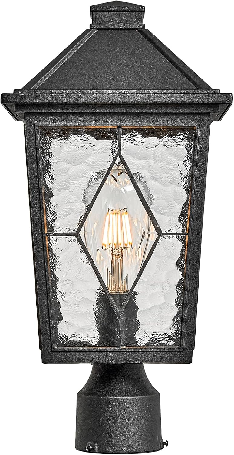 Outdoor Post Lights 16.5 Inch Black Lamp Post Light Fixture Aluminum Column Lighting with Water Ripple Glass E26 Socket Waterproof