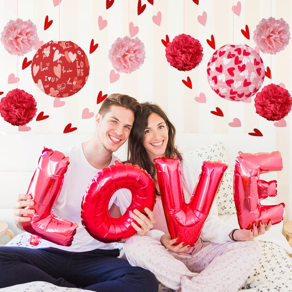Valentines Day Decorations Kit, Be Mine Kiss Me Red and Pink Paper Lanterns, Hanging Love Heart Garland, Tissue Pom Pom Flowers for Romantic Decor Anniversary Wedding Party Supplies