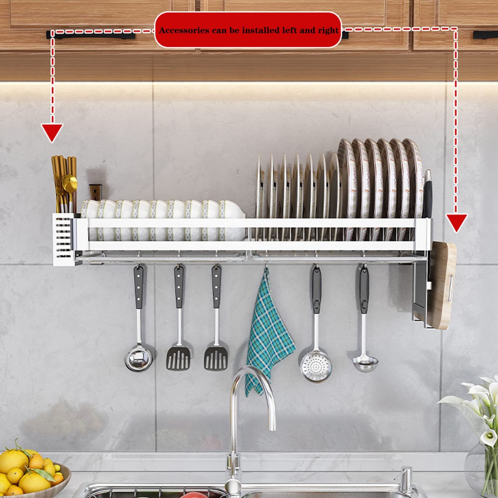 Escurridor de pared de acero inoxidable, estante de almacenamiento de cocina con bandeja de goteo, soporte para cubiertos y almacenamiento para tabla de cortar, estante de secado de platos que ahorra