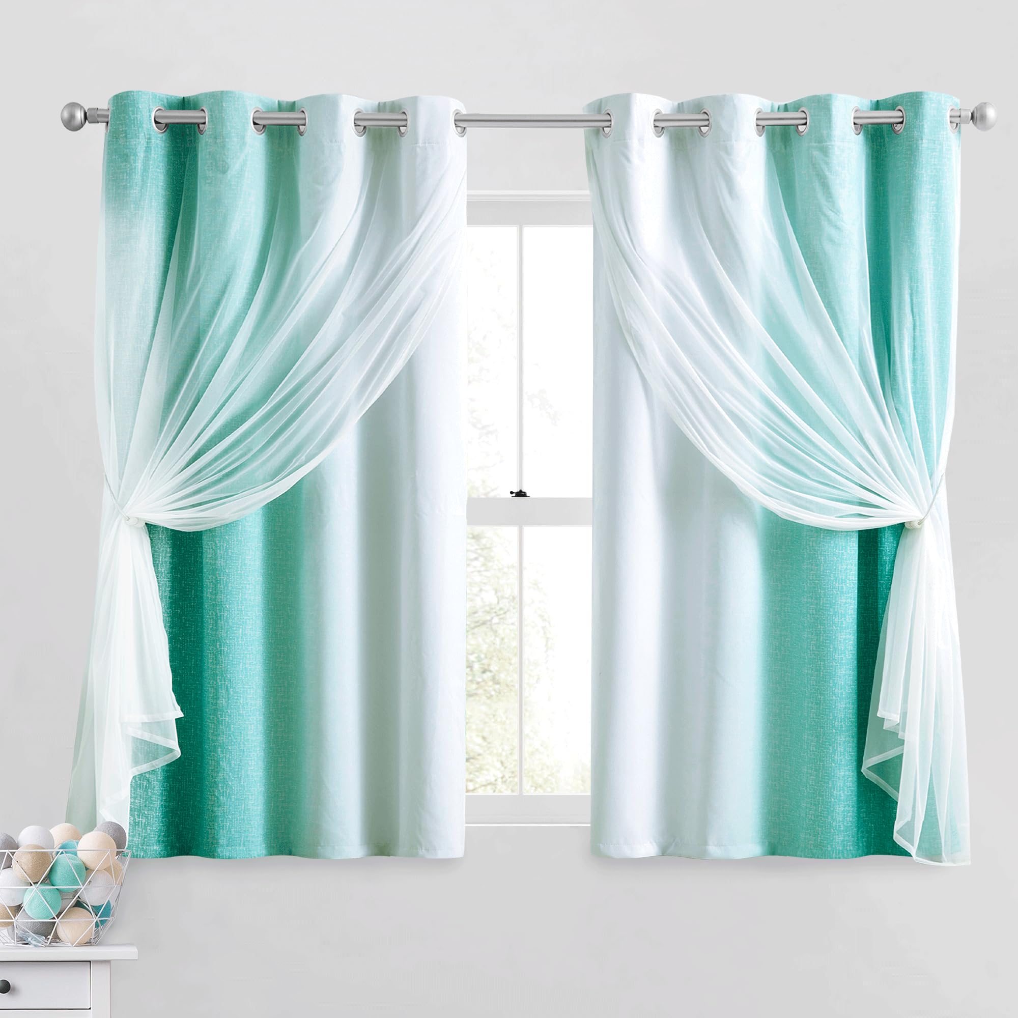 Geomoroccan 100% Blackout Curtains with Sheer Overlay Mix and Match Double Layer Drapes 54 Inch Length 2 Panels for Bedroom Living Room Teal White