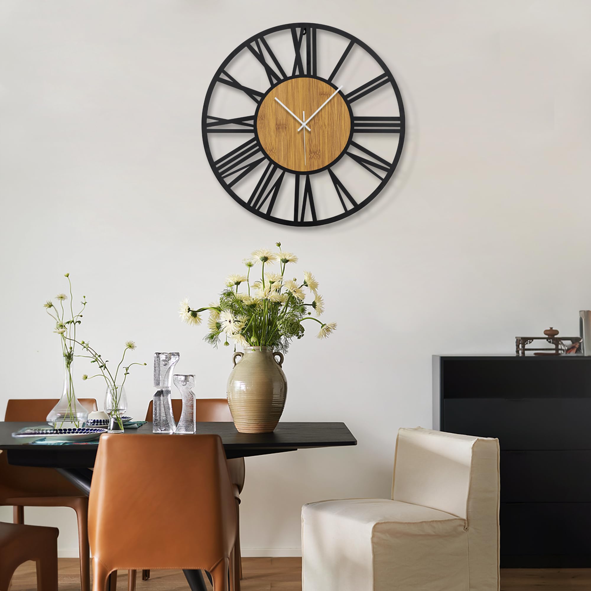 HAITANG Horloge Murale Silencieuse Rétro Noire - Chiffres Romains Élégants, 60cm Pour Salon, Bureau, Café Et Jardin