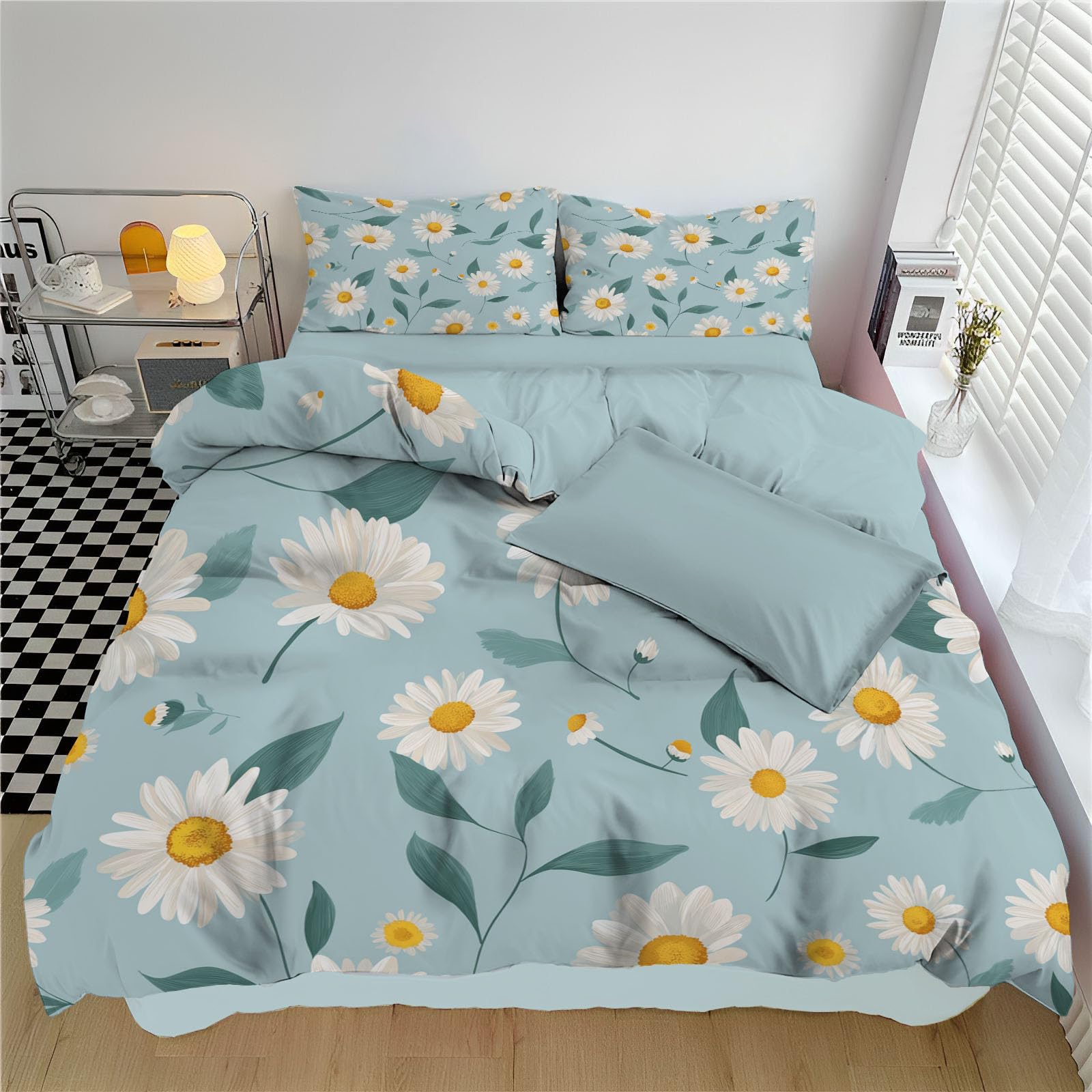Housse de couette 220x240 marguerite verte parure lit 3 pièces microfibre