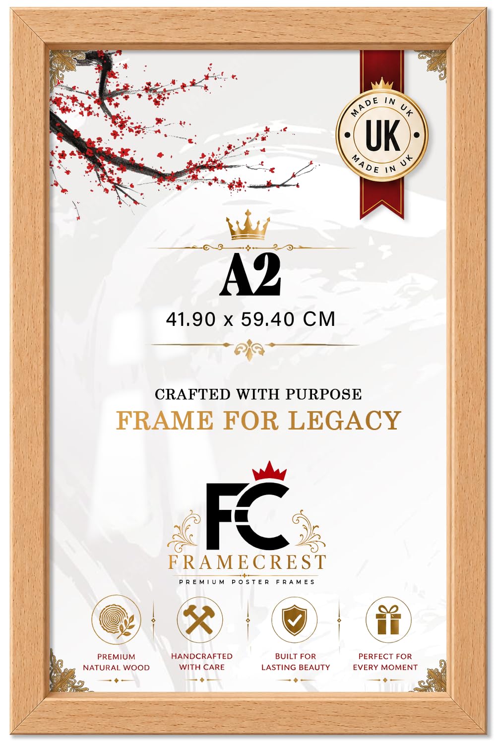 FRAMECREST LTD — Flat Style A2 (41.90 X 59.40 CM) Poster Picture Frame | Clear Perspex Front, Wall Mounting, Rectangle Display | 23 X 16 Inch Beech Profile For Home And Office Display Ready