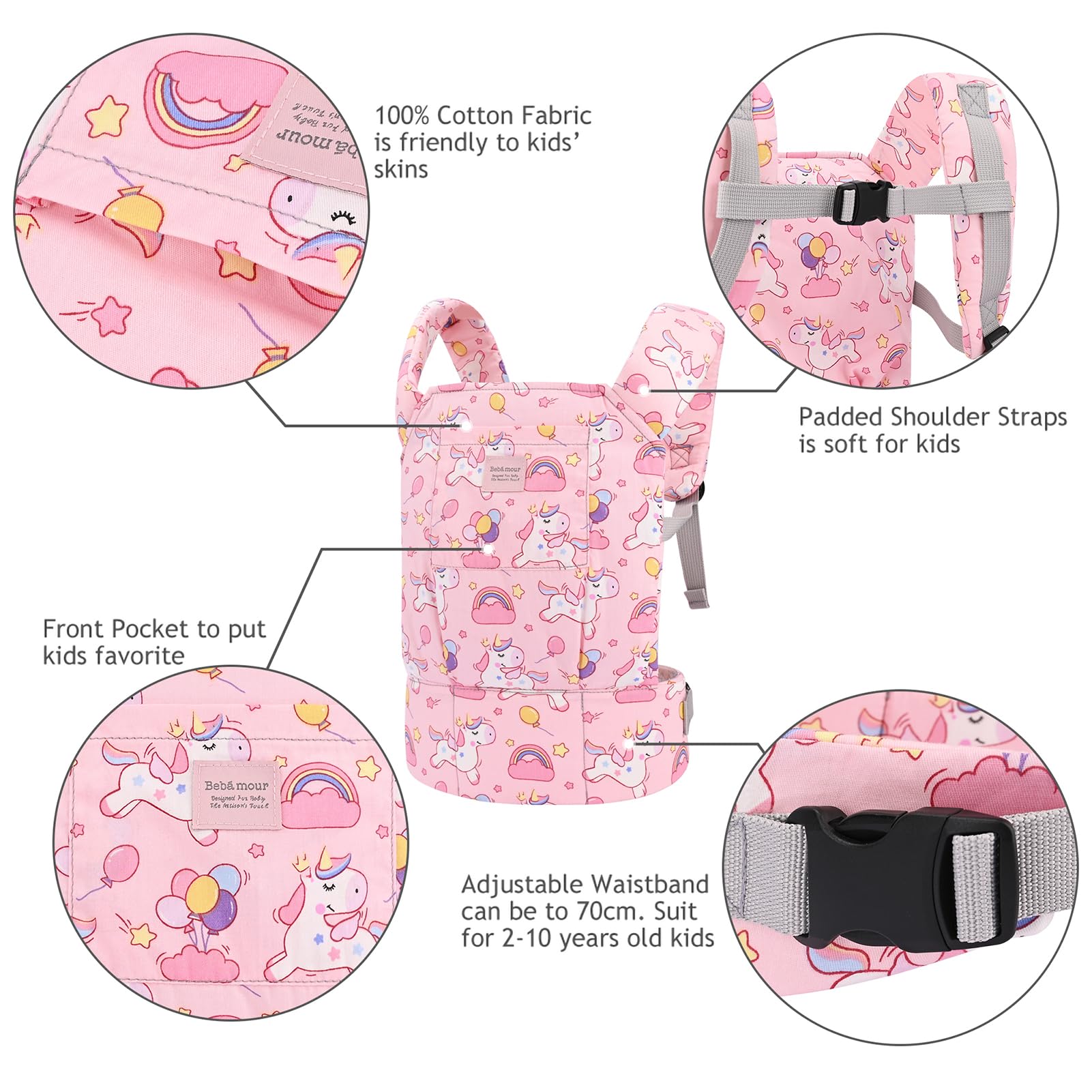 Bebamour Baby Doll Carrier for Kids Baby Doll Accesorries Storage Bag Backpack Stuffed Toys Carrier, Pink Unicorn - Image 4
