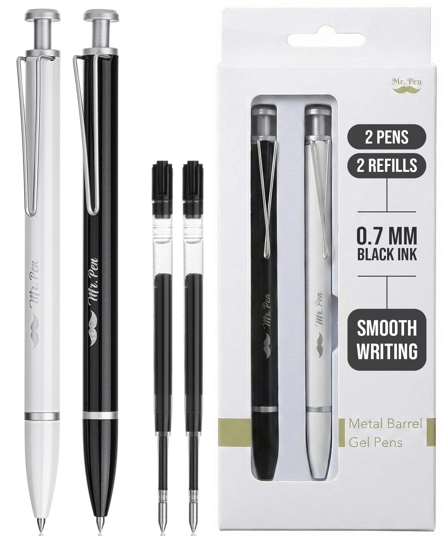 Mr Pen- Metal Retractable Gel Pens 2 Pack Black Ink 2 Refills Fine Point 0 7 mm Fast