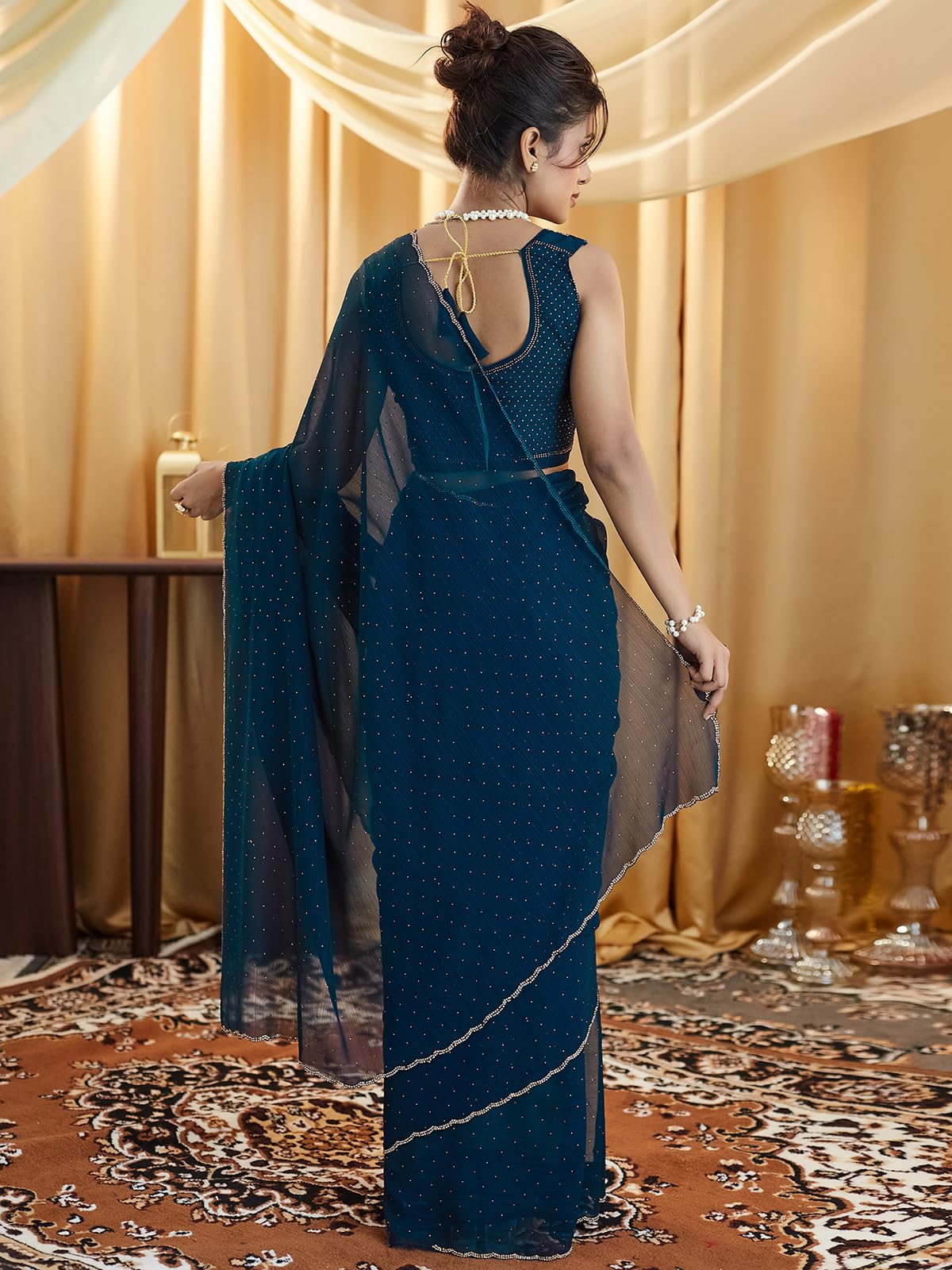 Satrani Women's Georgette Stone Work Saree With Unstitched Blouse Piece (4021S595N_Rama Blue)