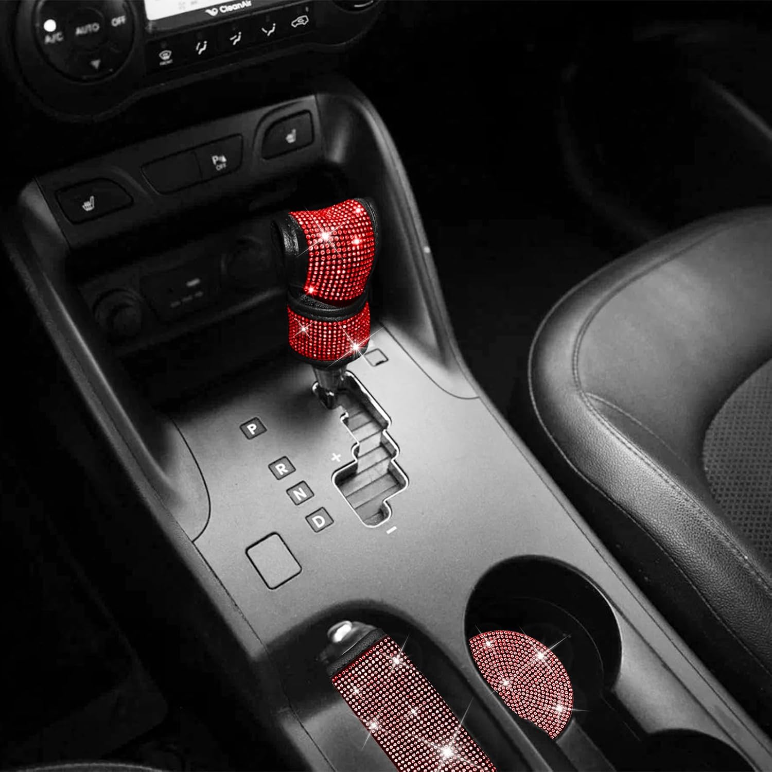 17 Pack Bling Car Seat Covers Set Car Diamond Accessories Rhinestone Crystal Steering Wheel Cover, Bling Velvet Breathable Glitter Center Console Pad Universal Car Interio(Full Set/Red)