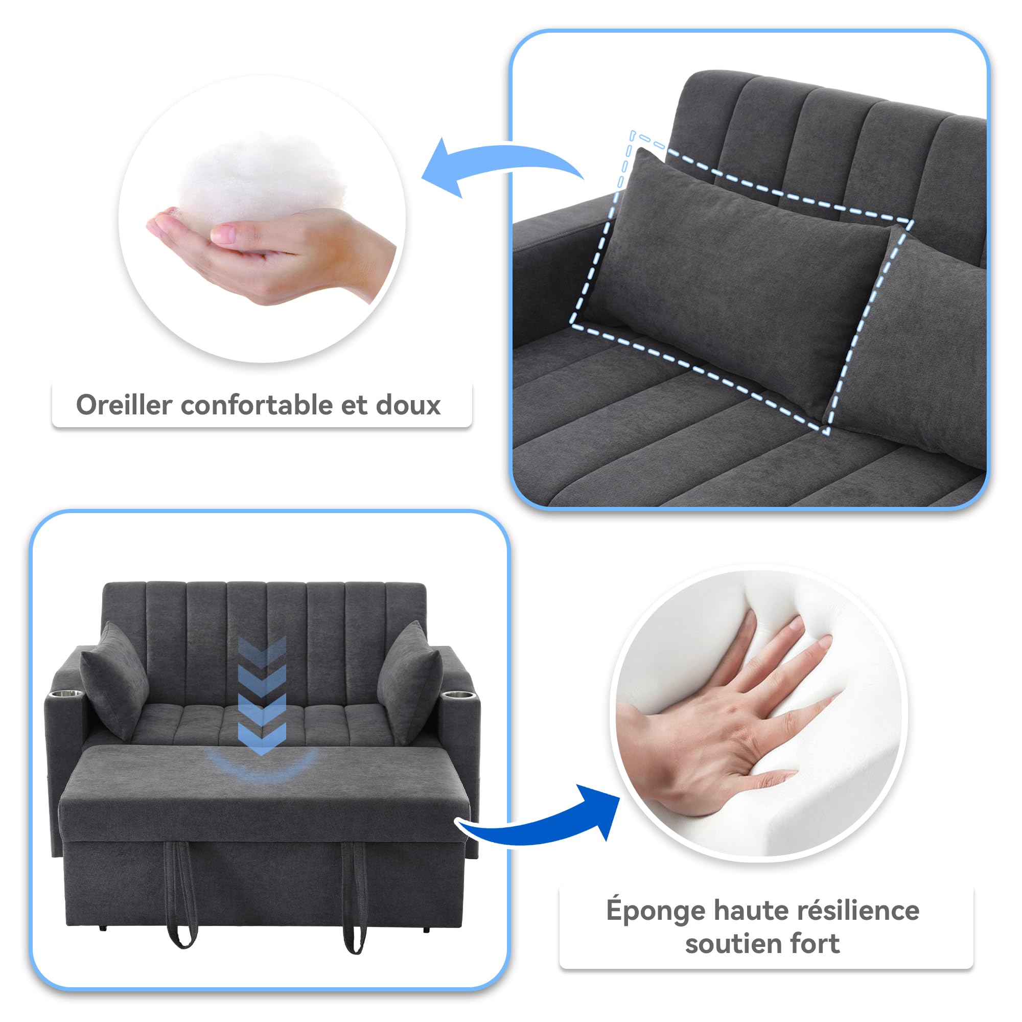 Velvet Folding Sofa Bed with Cup Holders Adjustable Back 2 Pillows and Armrest Storage 2-Seater Sofa Couch for Living Room Bedroom Small Spaces (Grey 3)