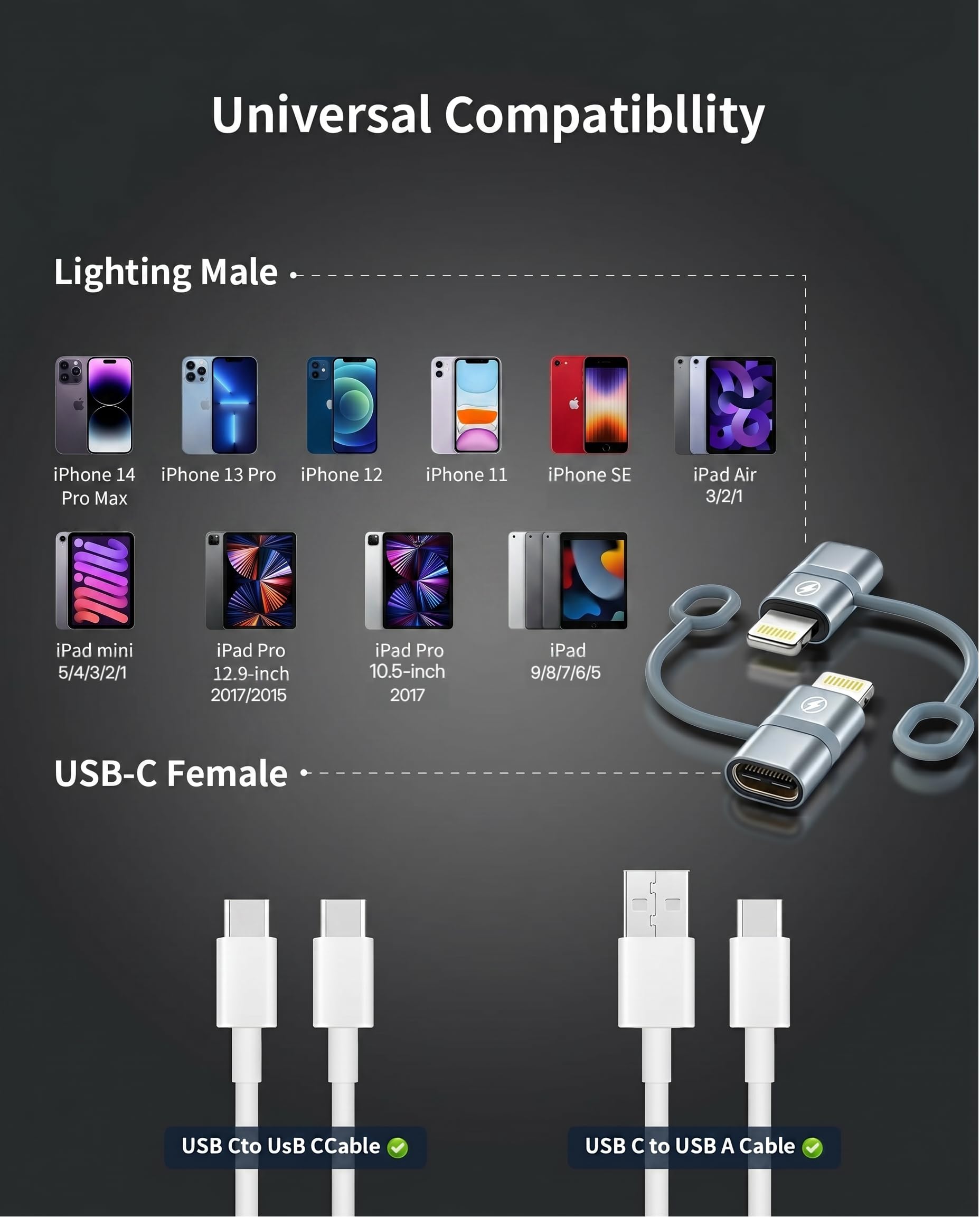 Adaptateur USB C vers Lightning Lot de 3, 36W Charge Rapide PD MFi pour iPhone 14 13 12 11 X iPad AirPods