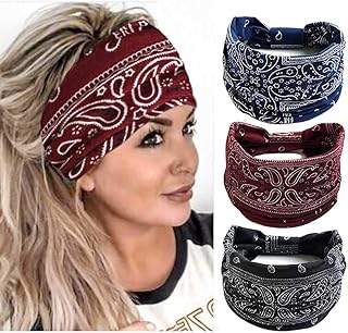 Aceorna Boho Bandeau Headbands Wide Knot Hair Scarf Floral Printed Hair Band Elastic Turban Thick Head Wrap Stretch Fabric Cotton Head Bands Thick Fashion Hair Accessories for Women 3 Pcs (Elegant)