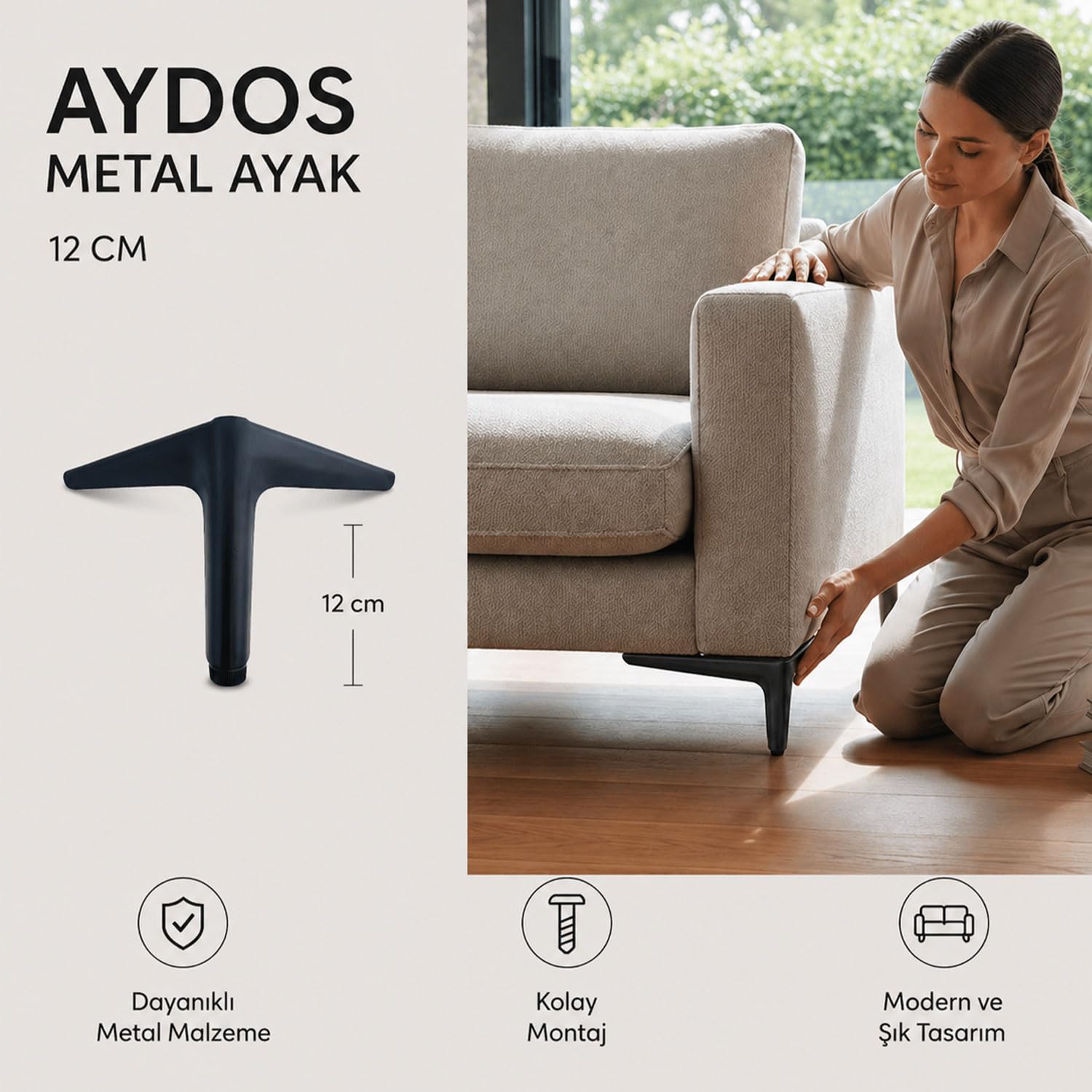 AYDOS 12 Cm Mat Siyah Metal Mobilya Ayağı Kanepe Koltuk Dolap Ayağı Modern Sağlam Şık Tasarım