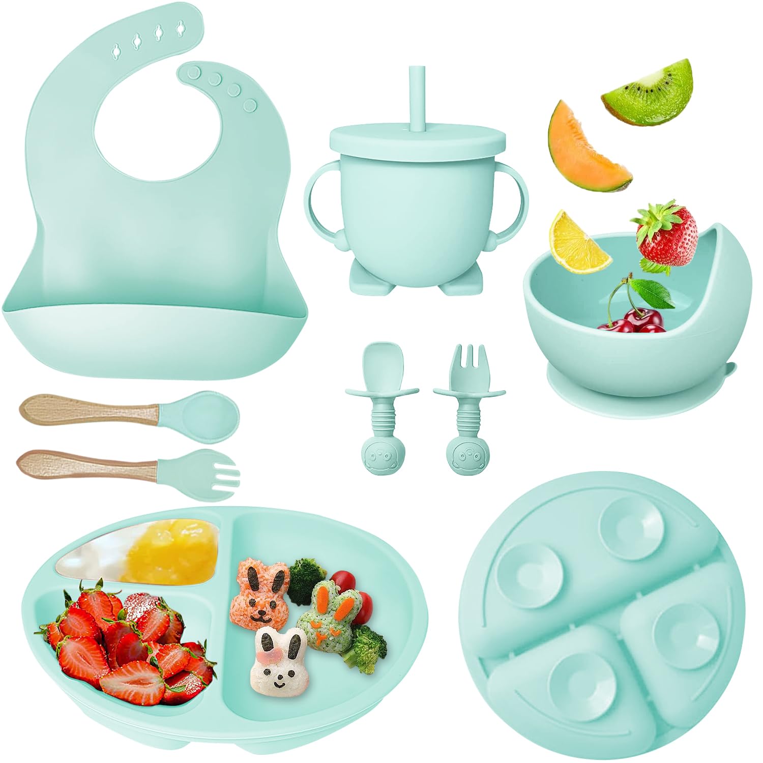 Silicone Baby Feeding Set, Baby Led Weaning Supplies with Suction Bowl Divided Plate, Toddler Self Feeding Dish Set with Spoons Forks Sippy Cup Adjustable Bib, Baby Eating Utensils(Green)