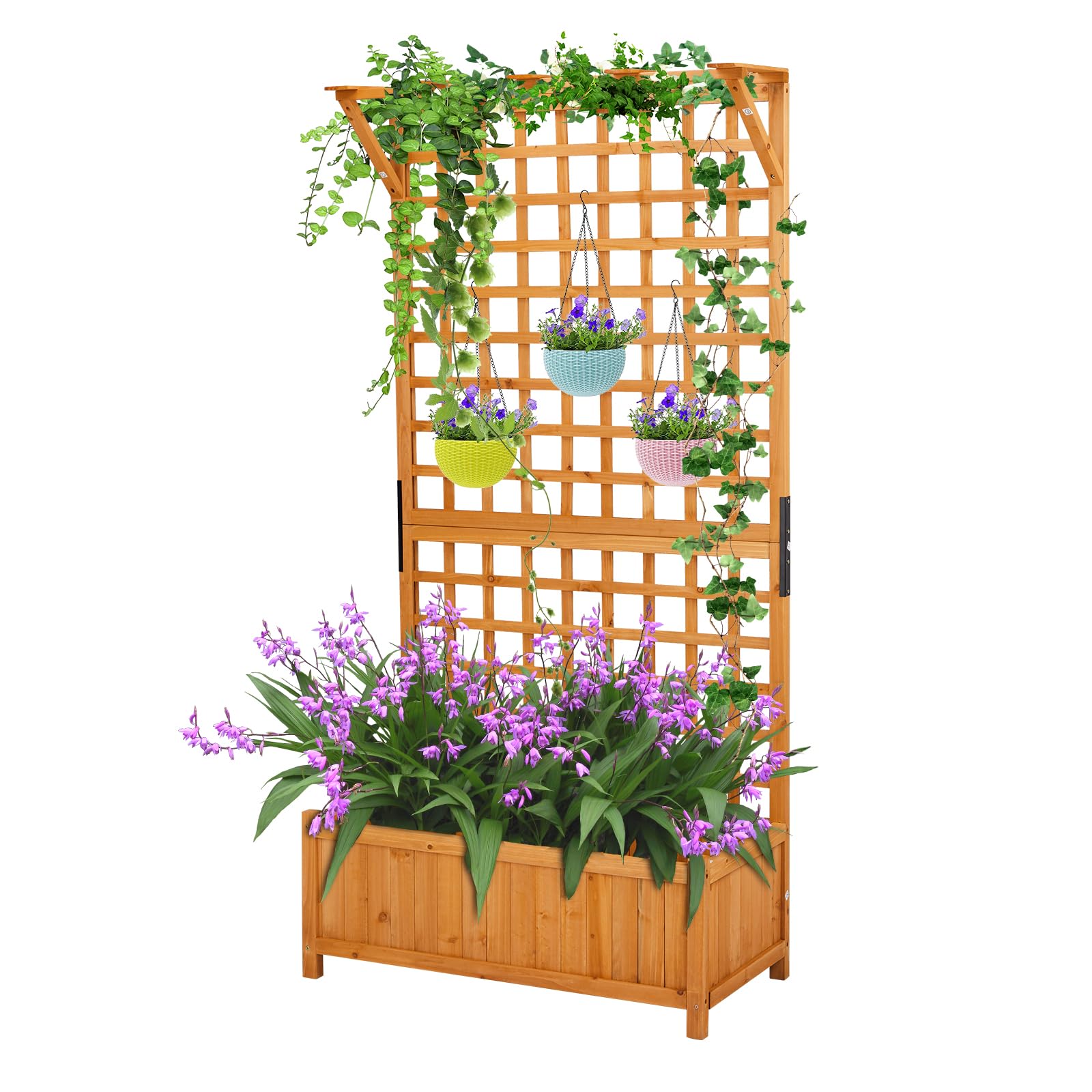 Bonnlo Wooden Planter Box with Trellis & Hanging Top Design, 90x44x185cm, Raised Beds Planter with Attached Trellis, for Garden, Patio