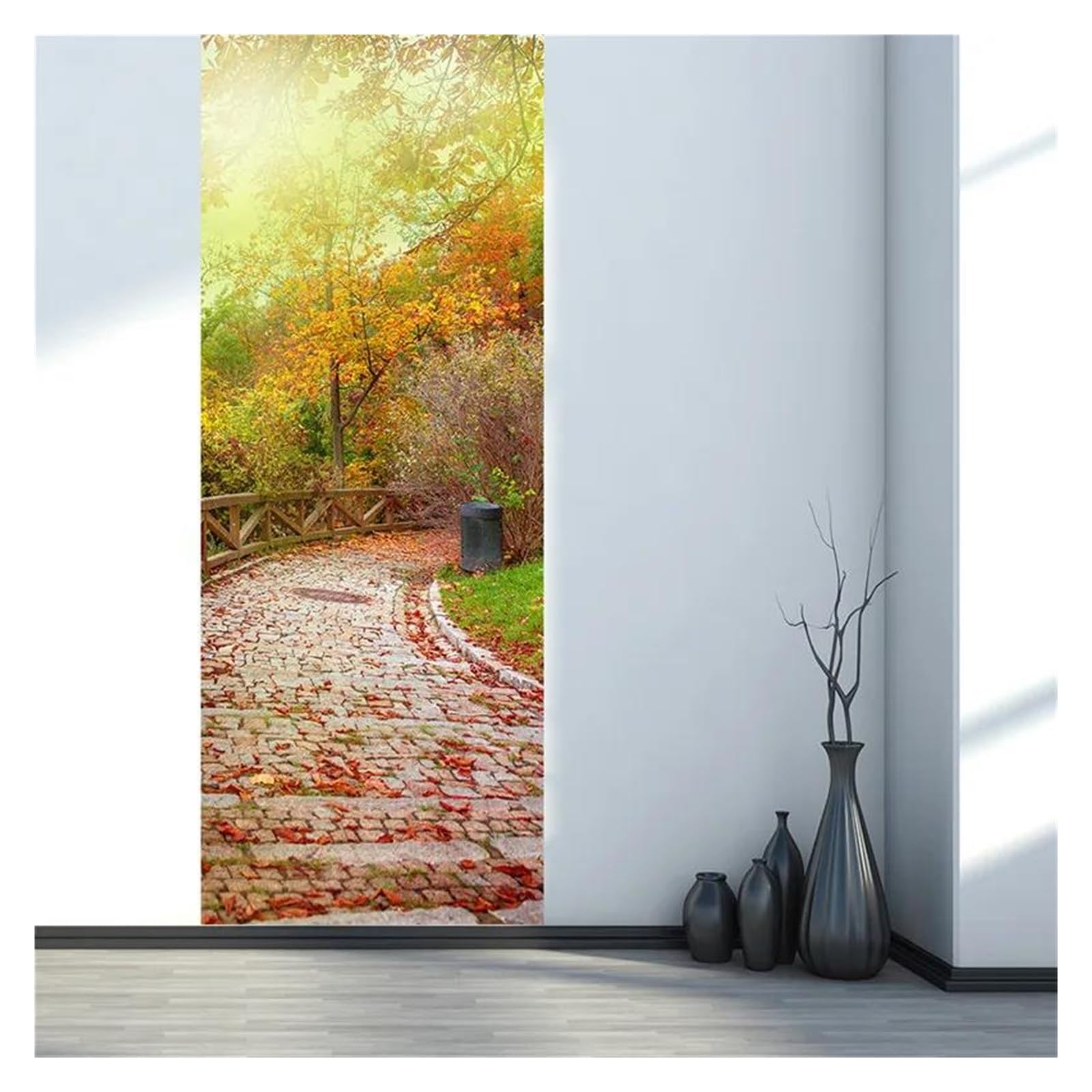 Autocollant de porte feuilles roses et route en pierre pour une ambiance de chambre d'enfants