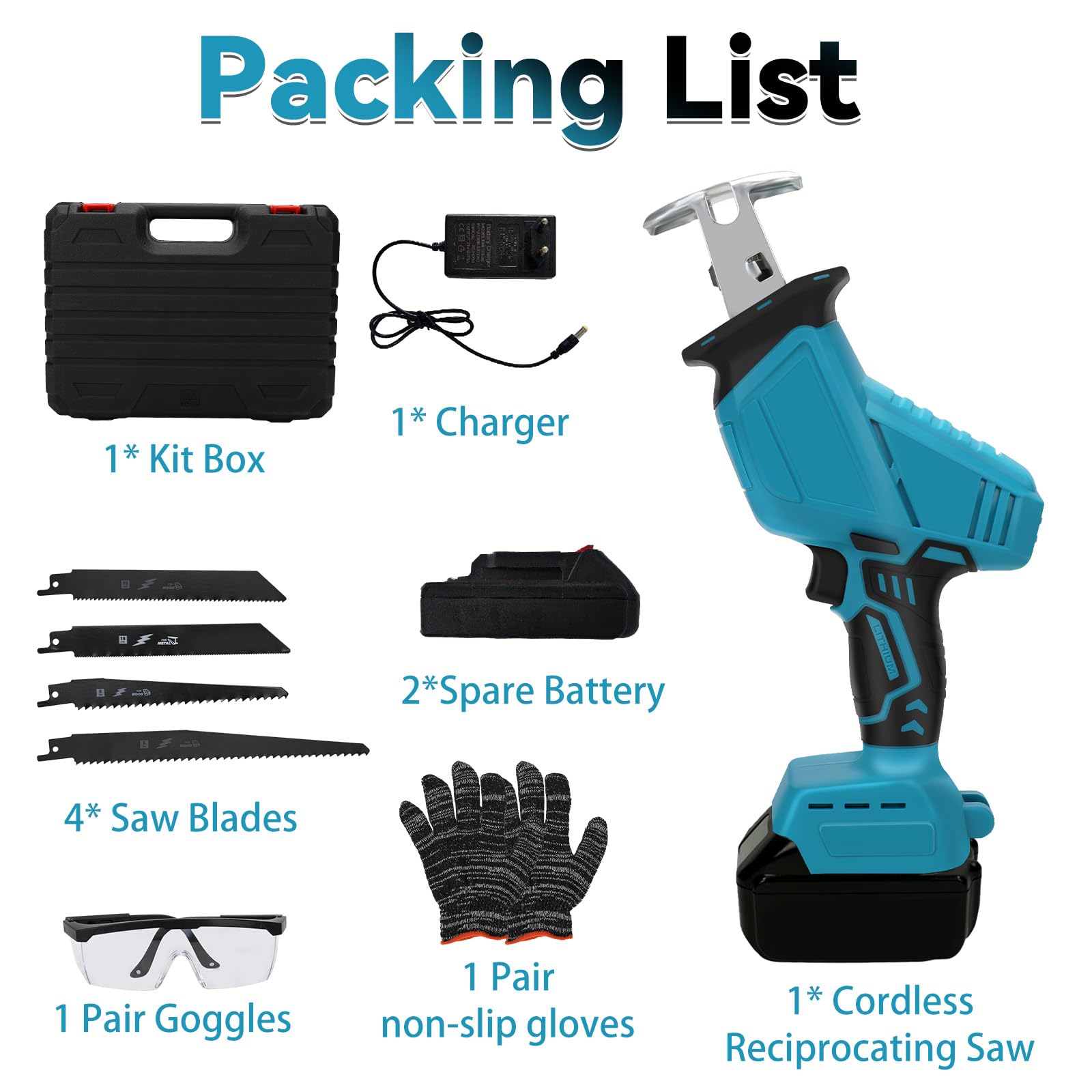 Sierra Alternativa Inalámbrica Compatible con Makita 18V, Sierra Sable Eléctrica Velocidad Variable, Sierra Manual con Cambio Hoja sin Herramientas, para Metal, Tuberías, Poda Árboles (Dos baterías)
