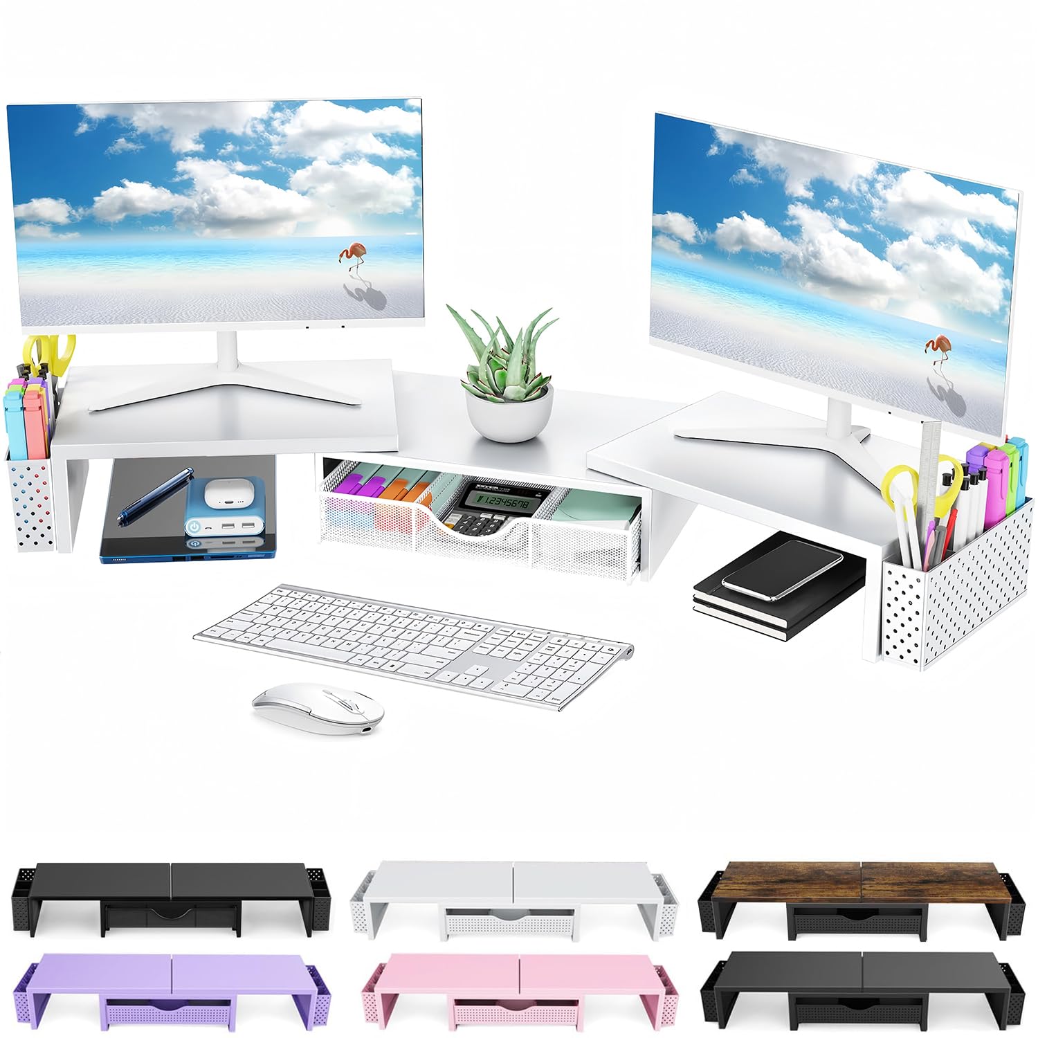 Pygocereri Doppel Monitorständer, Metall Monitor Erhöhung mit Schublade und 2 Stifthaltern, einstellbare Länge und Neigung – Dual Monitor Stand Riser für Laptop, PC, Computer, Drucker (Metall Weiß)