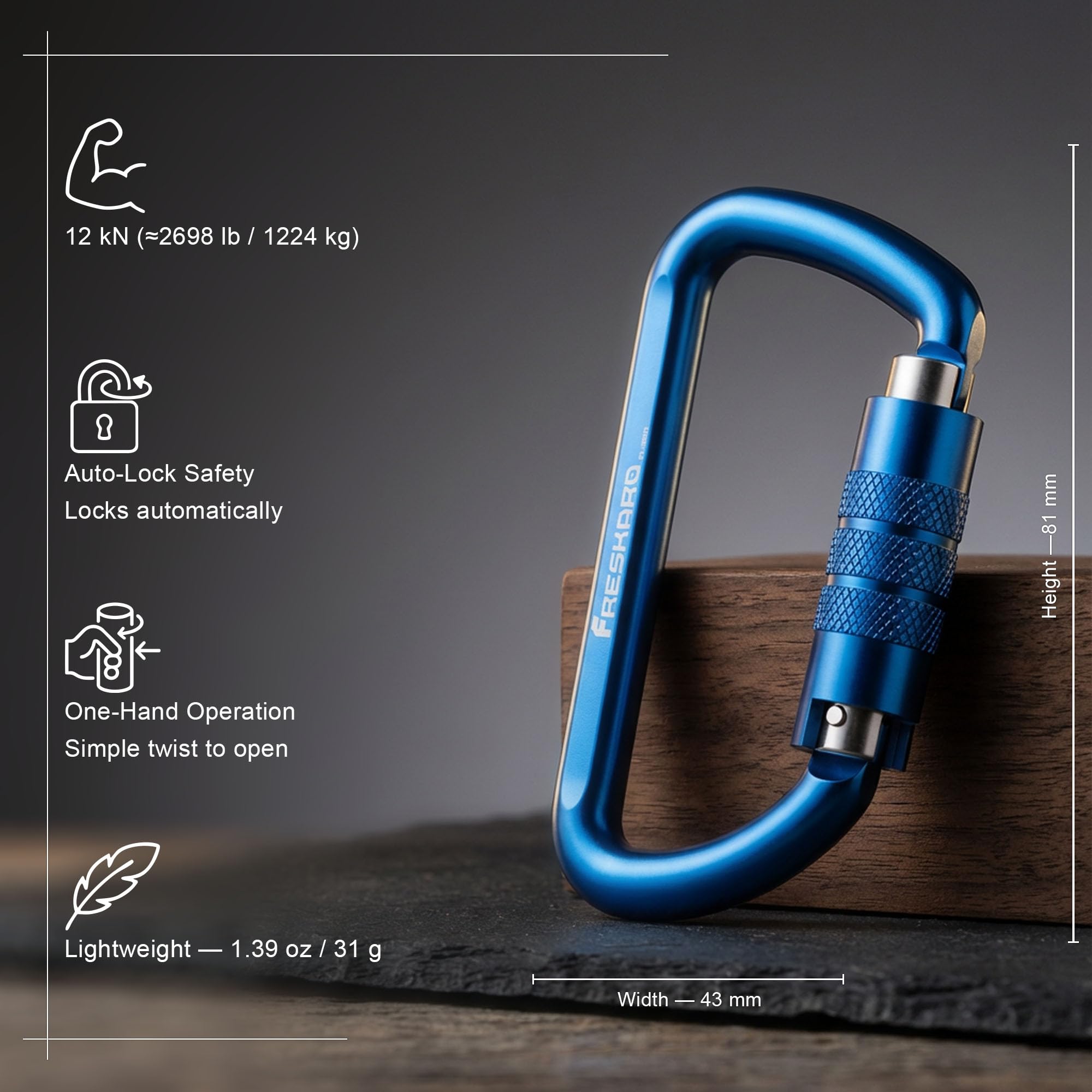 FresKaro 3inch 12kN Twist Locking Carabiner Clips, Weight Rating 1224kg, Auto-Lock Aluminum Carabiners Heavy Duty, for Hammocks, Yoga Swing, Camping, Keychain, Dog Leash, 2pcs