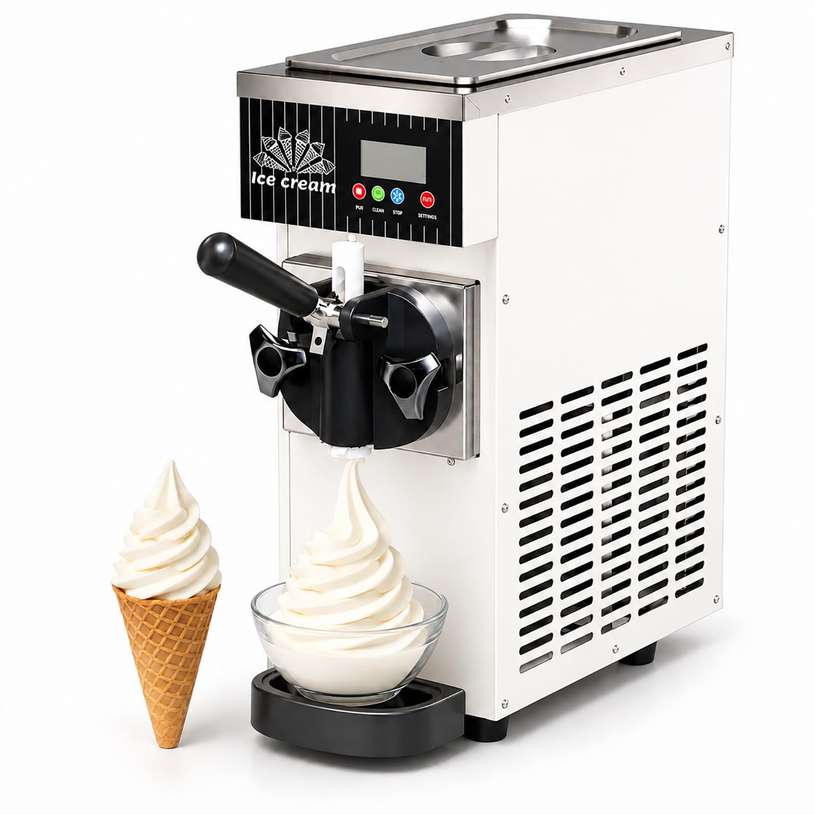 vnmudzeo Soft Serve Ice Cream Maker - 450W Countertop Machine, Single Flavor, 2.5L Hopper, 33.8oz Freezing Cylinder for Cafes and Snack Bar Use White
