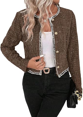 Womens Sequin Cropped Tweed Blazer Open Front Collarless Long Sleeve Work Office Jackets