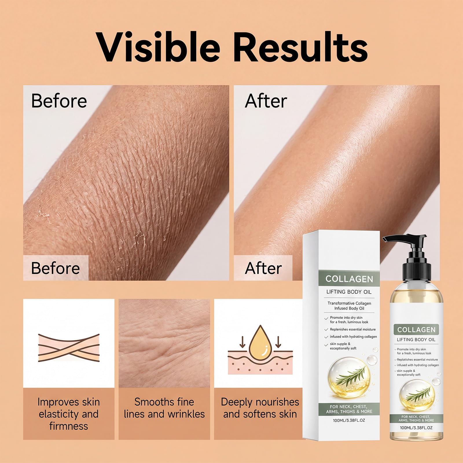 Olio per il corpo per lifting del collagene dopo la doccia, con formula idratante, ad assorbimento rapido, rassodante olio per la cura del collo, braccia e cosce, consistenza setosa per freschezza (6