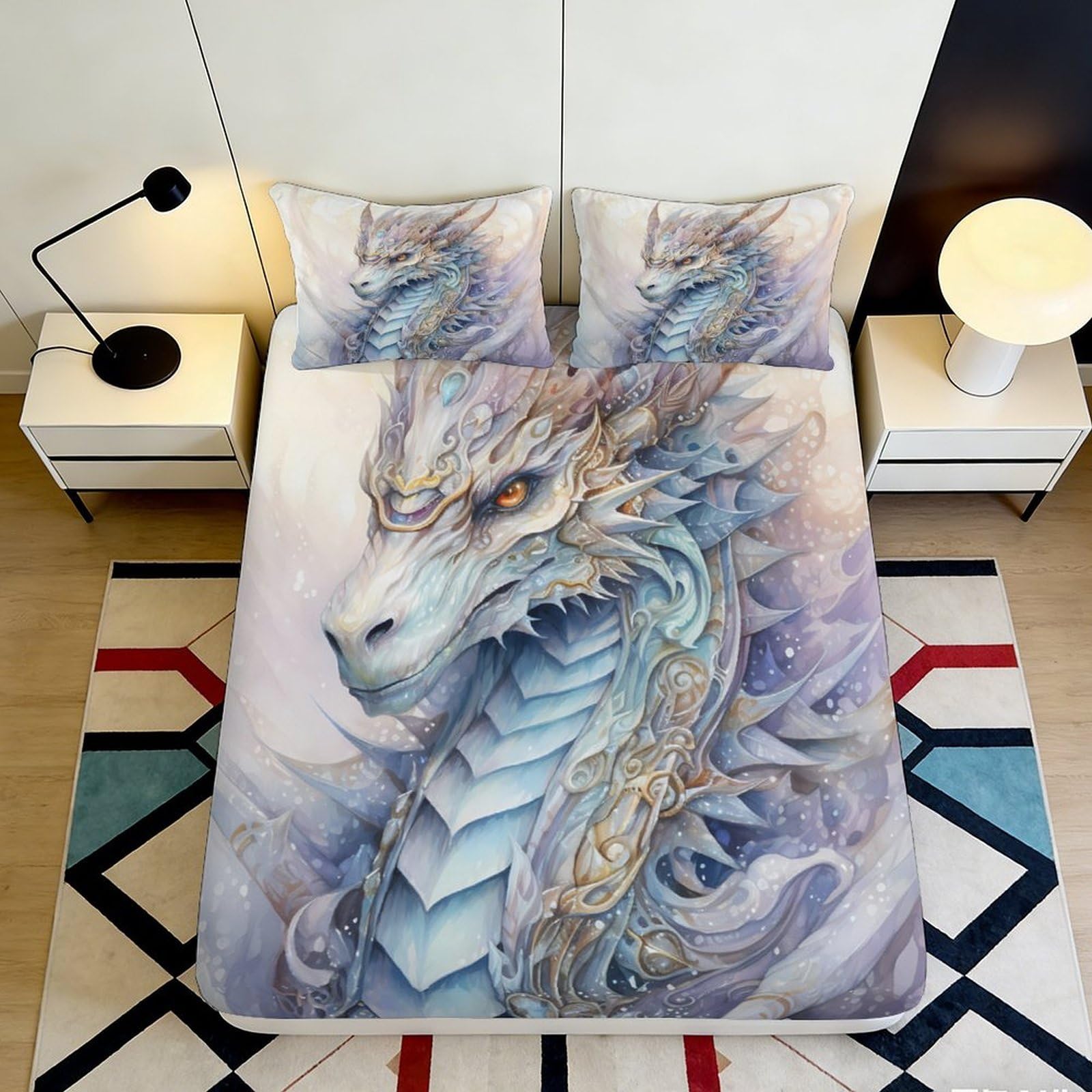3D Printed Fantasy Dragon Fitted Sheet Microfiber Soft Durable White Blue 3D Printed Dragon Mattress Cover for Bedroom Dormitory Guest Room Decoration 200x200x25cm