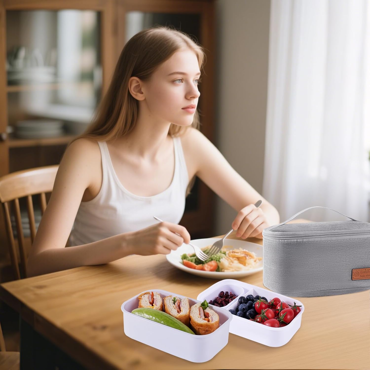 Lunchneo bento box for adults, separate for men and women, set of utensils and dipping containers, cute Japanese bento box, microwave heatable(White)