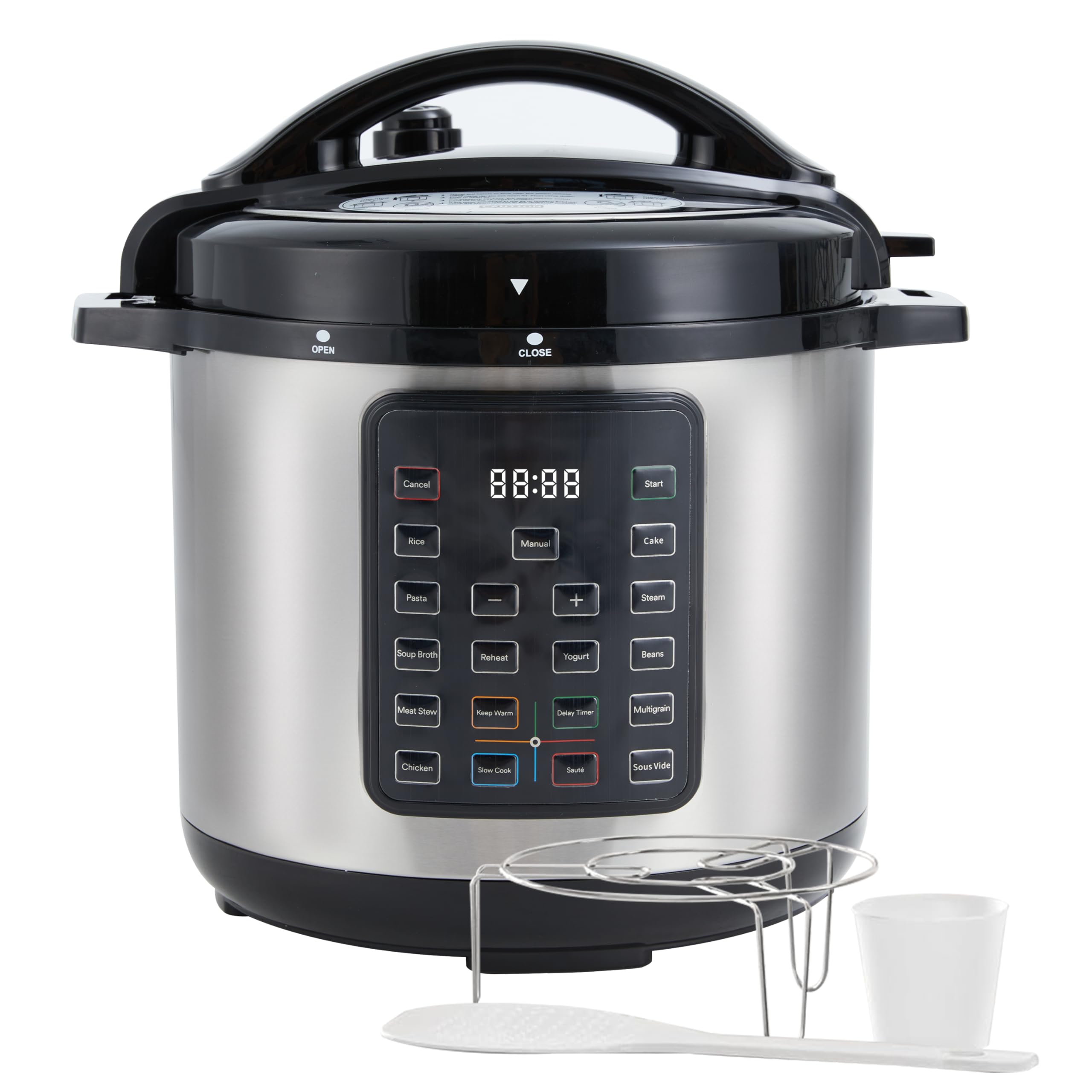 simple deluxe electric pressure cooker, non-stick 16-in-1 & 8qt stainless steel multi cooker for slow cook, meat stew, cake, pasta, multigrain, dishwasher safe, silver