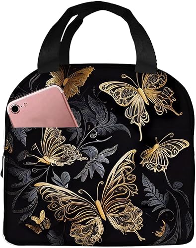 OOZ Rportable - Lonchera para mujeres y hombres, aislada, reutilizable, para oficina, trabajo, picnic, playa, mariposas doradas sobre fondo negro,