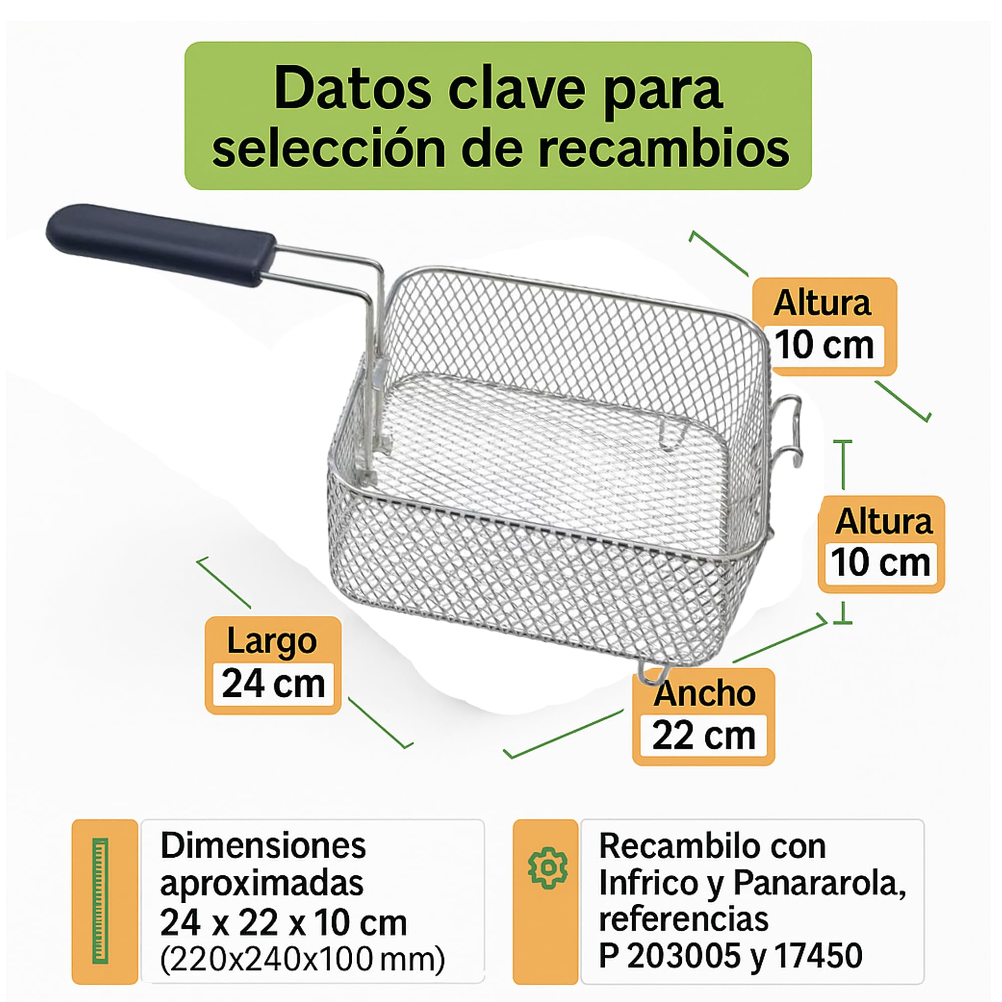 CubetasGastronorm ® Cesta freidora 8 litros recambio acero inoxidable 220x240x100 mm modelo FR 8L compatible con Infrico compatible con Panarola hosteleria profesional cocina bar restaurante plus