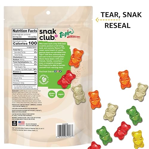 Miniatura 2 de Snak Club Gummy Bears, caramelos de gomitas dulces y picantes de Tajin Chili & Lima, suaves en calor, sabor audaz, bajo en grasa, vegano, sin
