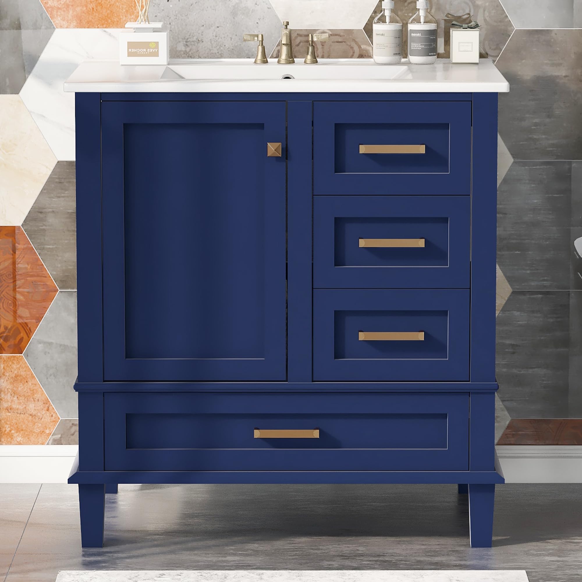 LUMISOL30" Blue Bathroom Vanity with Single Sink Combo, Modern Bathroom Cabinet with 3 Drawers & 1 Door, Freestanding Bathroom Vanity with Ceramic Sink Top, Blue